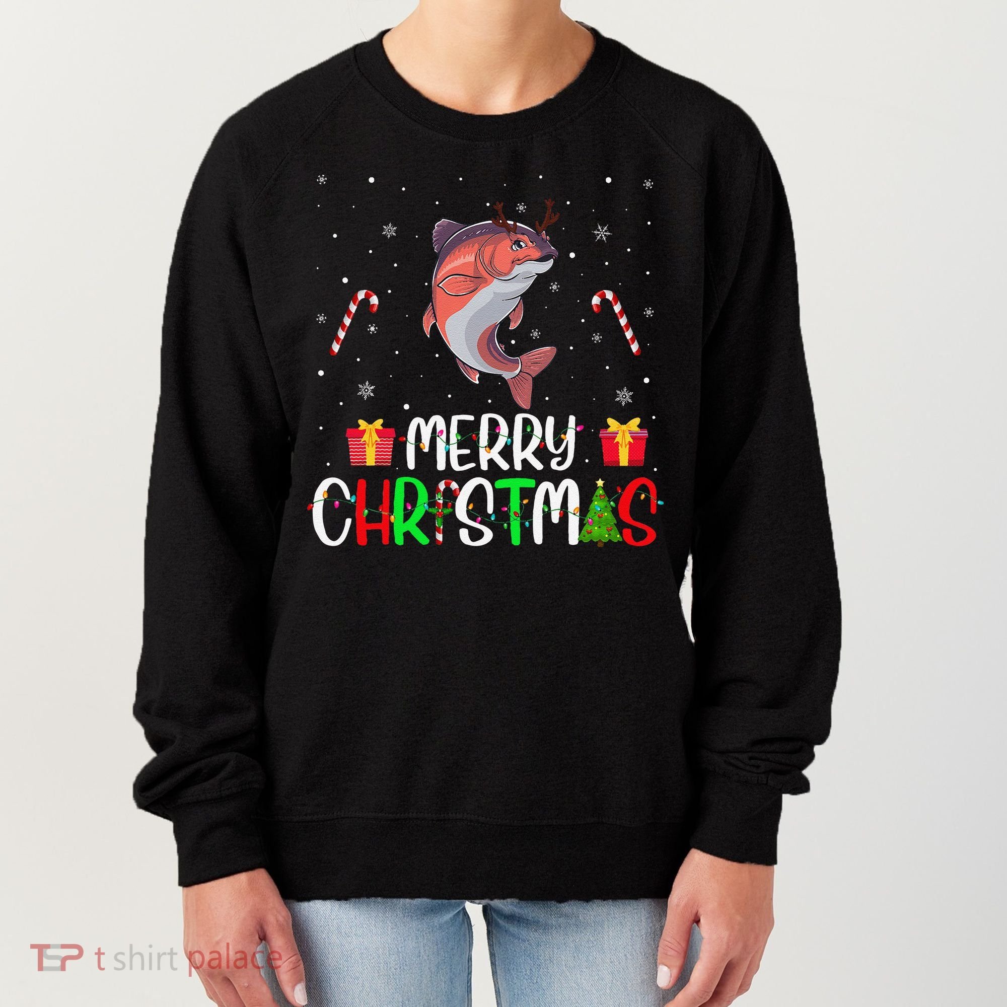 Merry Christmas Lights Salmon Reindeer Hat Xmas Pjs Women's Sweatshirt