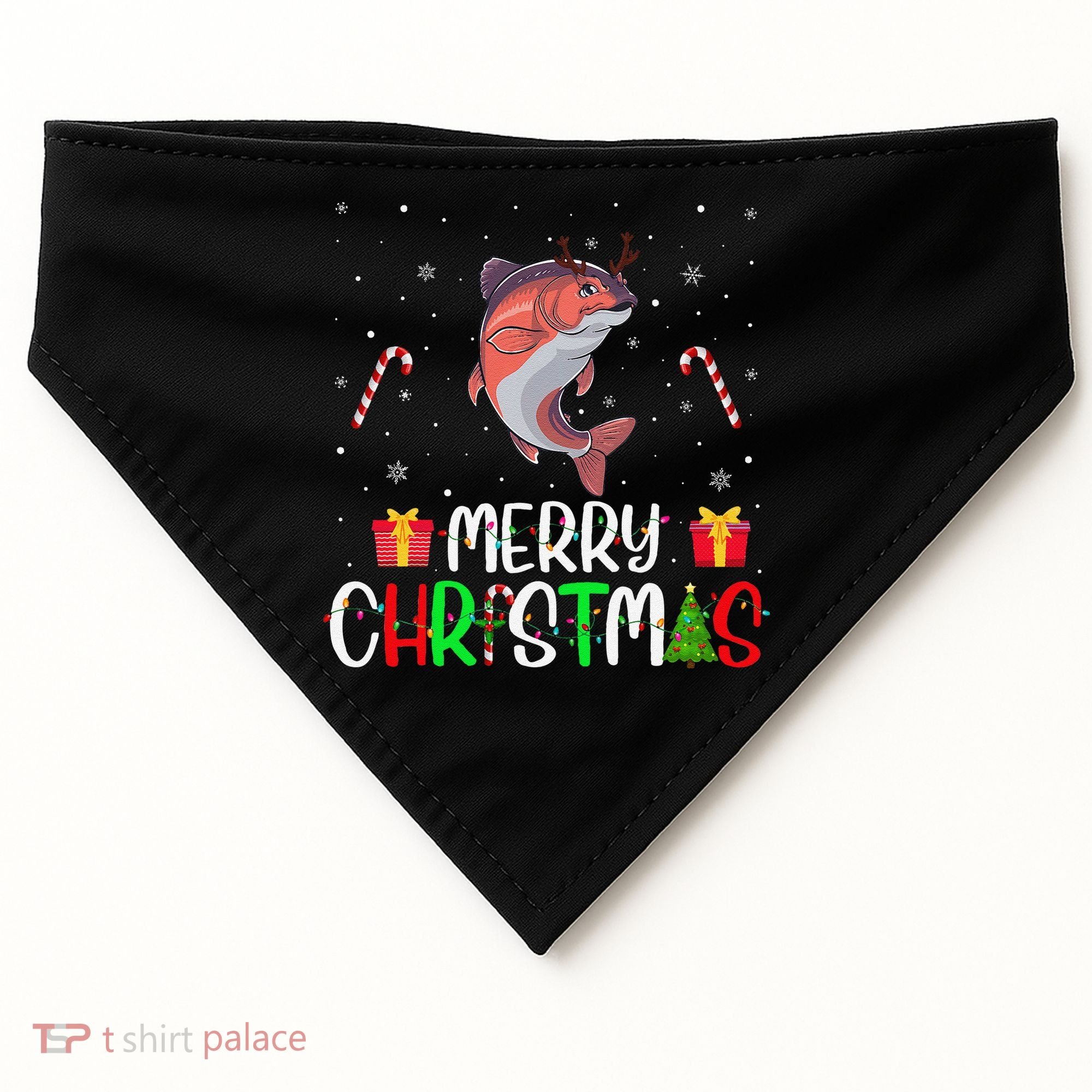 Merry Christmas Lights Salmon Reindeer Hat Xmas Pjs USA-Made Doggie Bandana