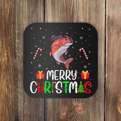 Merry Christmas Lights Salmon Reindeer Hat Xmas Pjs Coaster