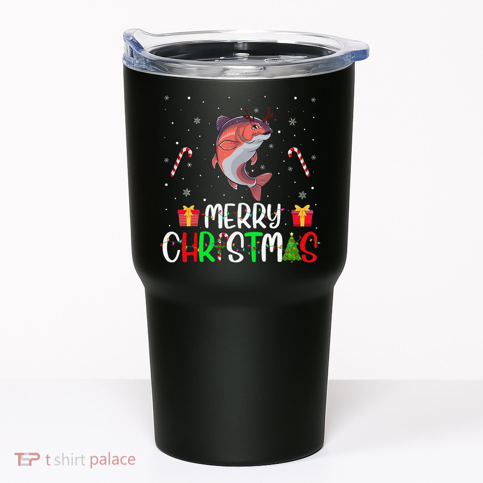 Merry Christmas Lights Salmon Reindeer Hat Xmas Pjs Tumbler