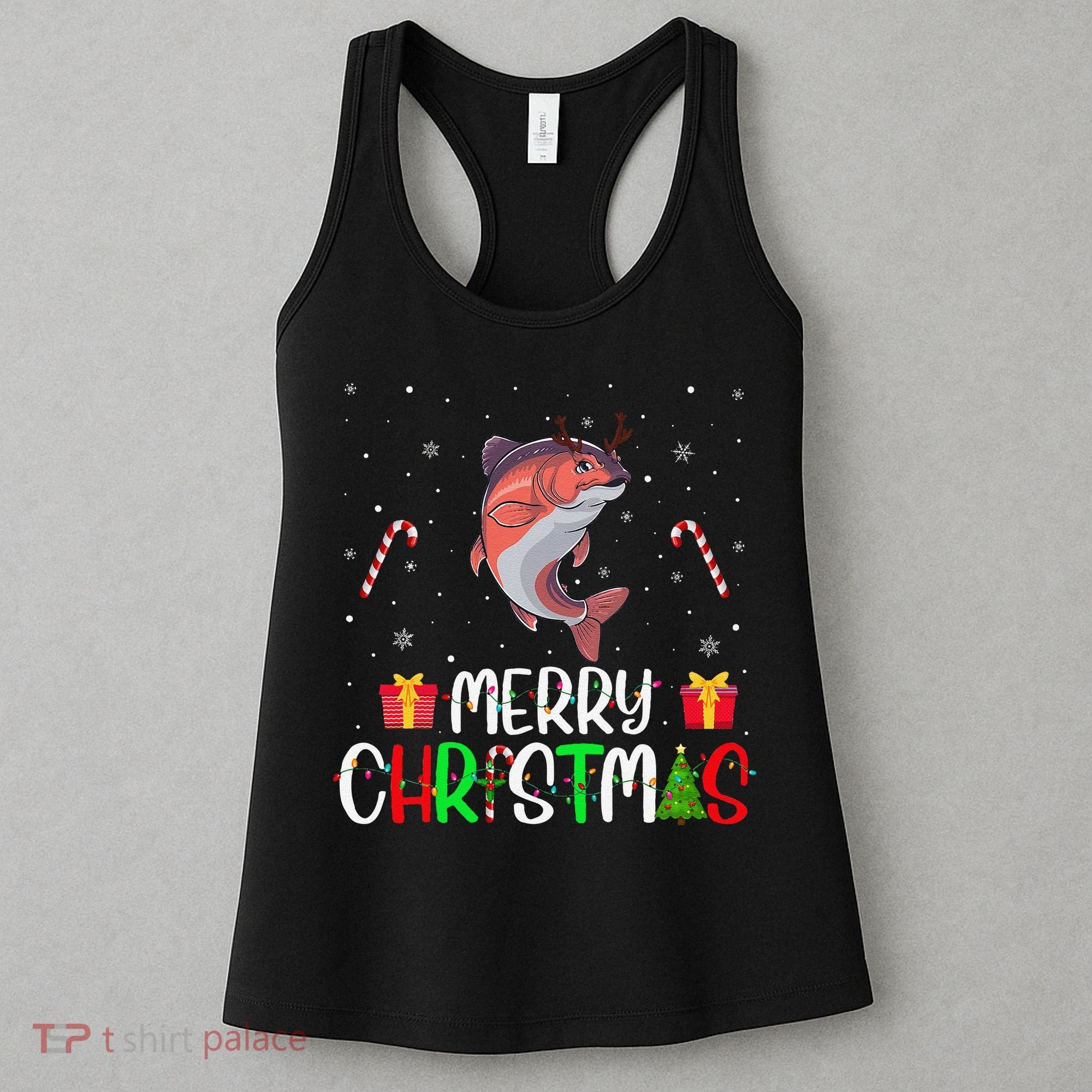 Merry Christmas Lights Salmon Reindeer Hat Xmas Pjs Women's Tank Top