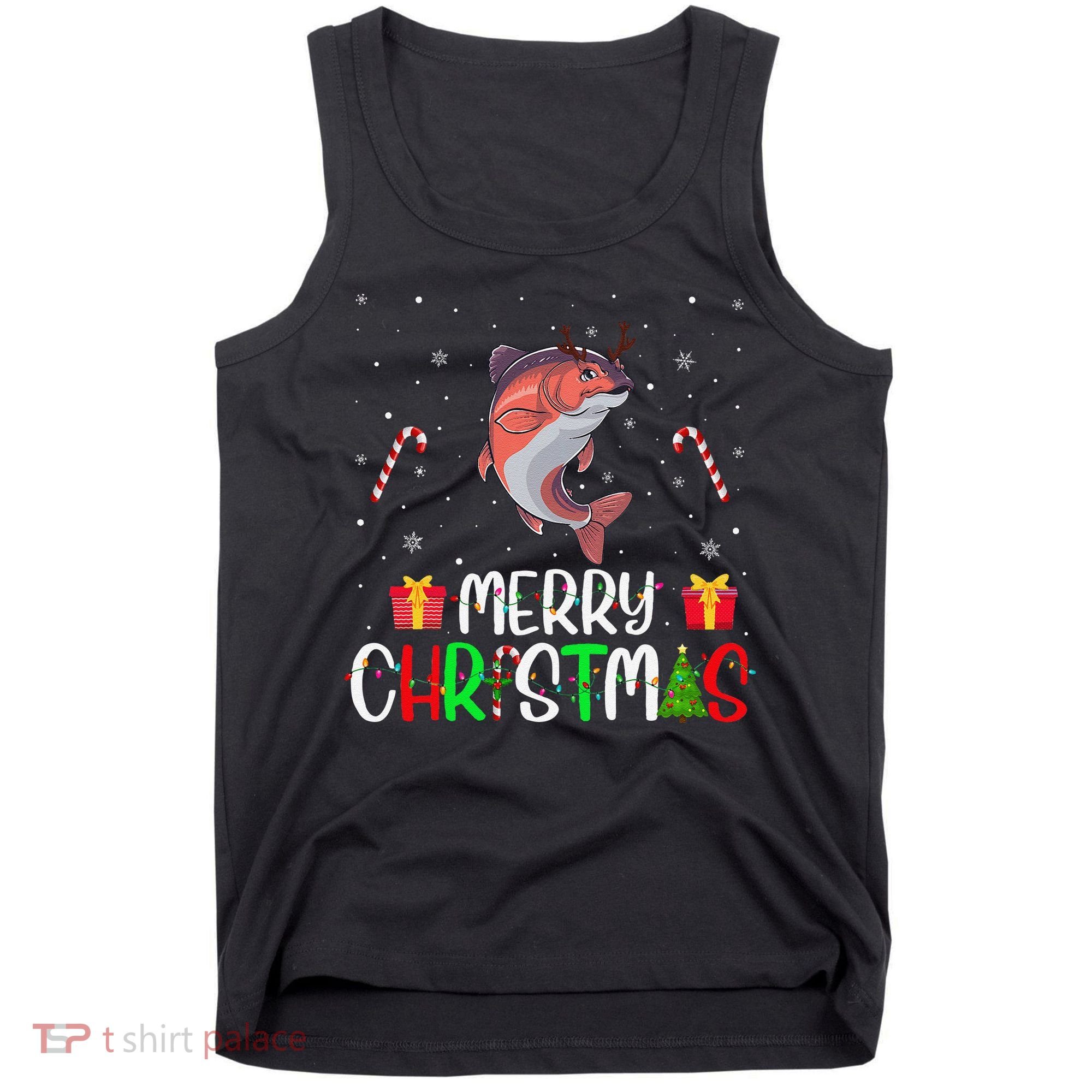 Merry Christmas Lights Salmon Reindeer Hat Xmas Pjs Tank Top