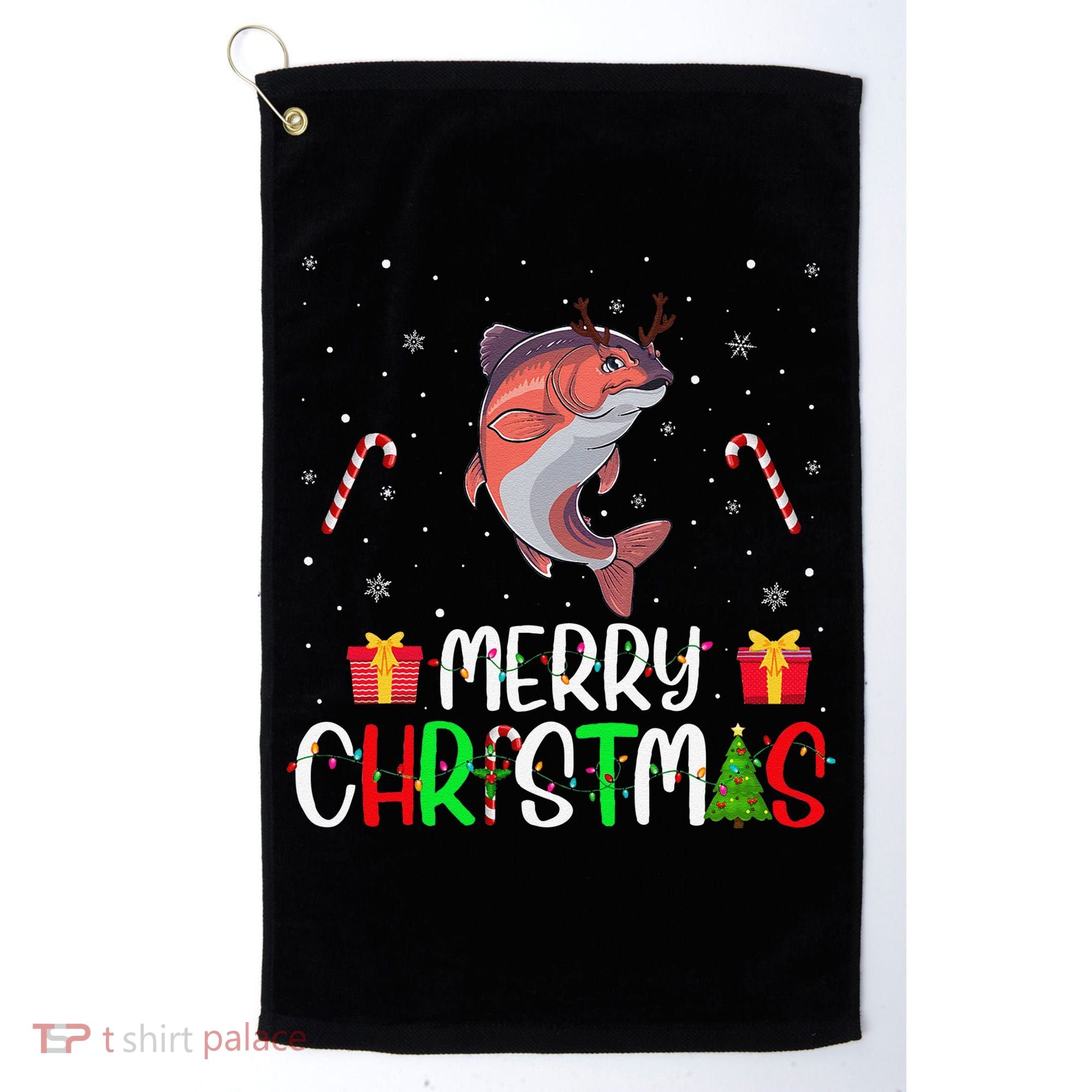 Merry Christmas Lights Salmon Reindeer Hat Xmas Pjs Golf Towel