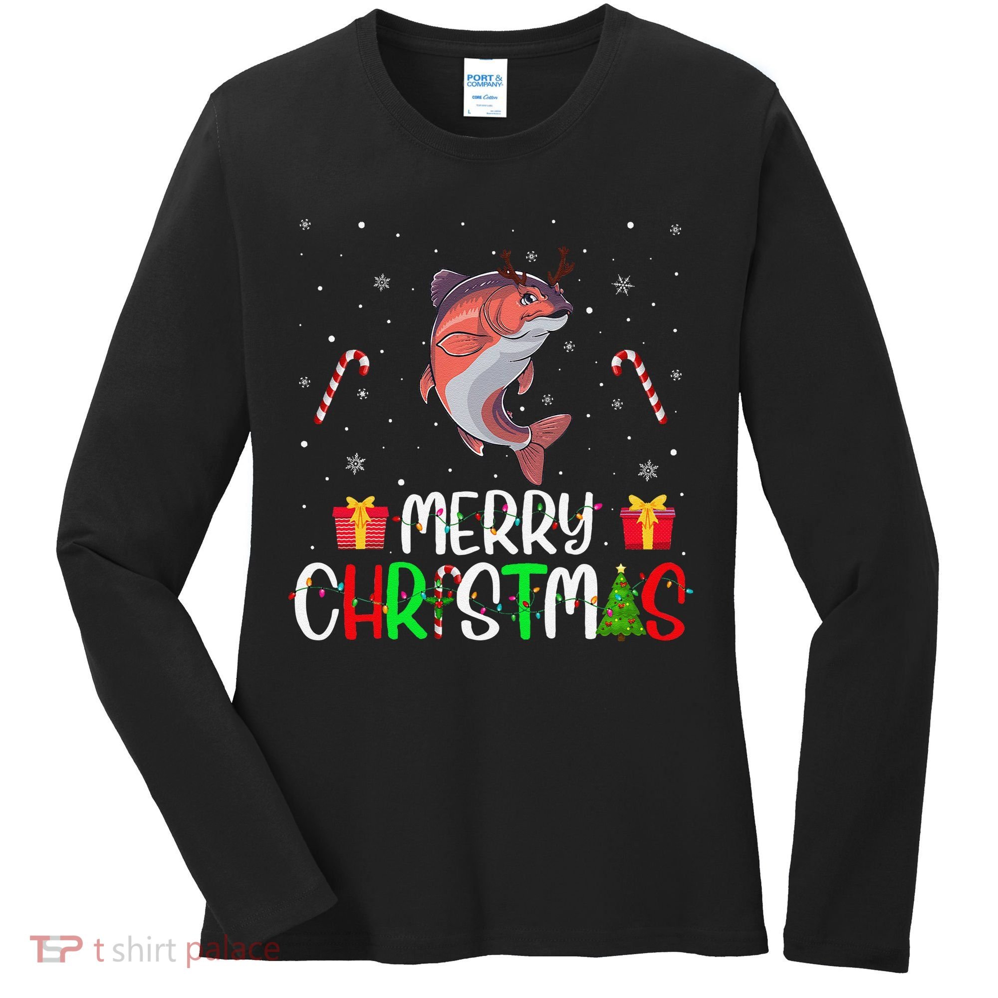 Merry Christmas Lights Salmon Reindeer Hat Xmas Pjs Women's Long Sleeve Shirt