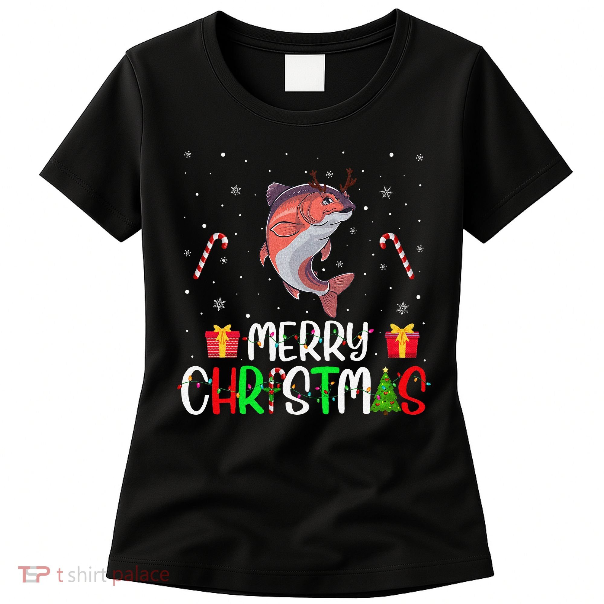 Merry Christmas Lights Salmon Reindeer Hat Xmas Pjs Women's T-Shirt