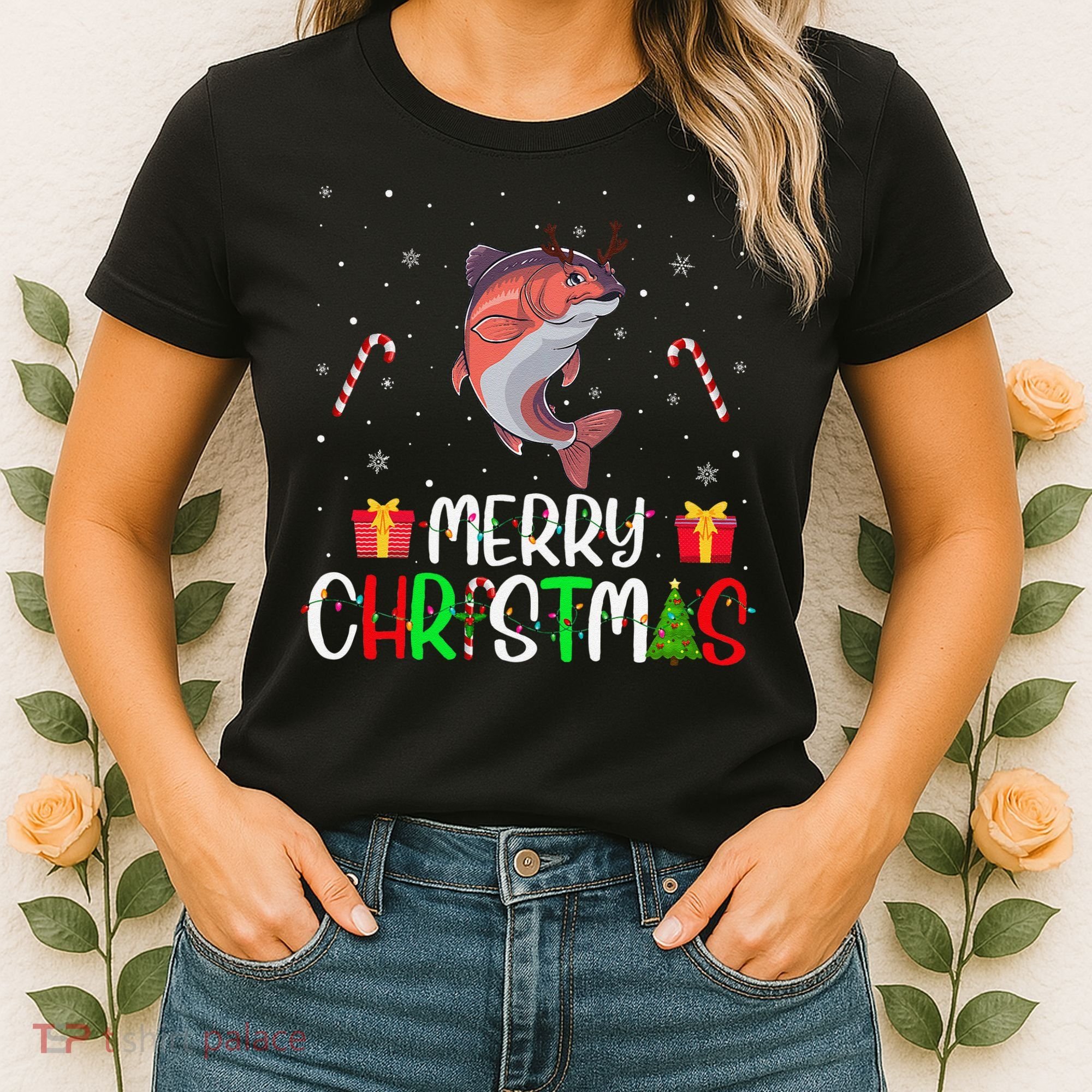 Merry Christmas Lights Salmon Reindeer Hat Xmas Pjs Women's T-Shirt