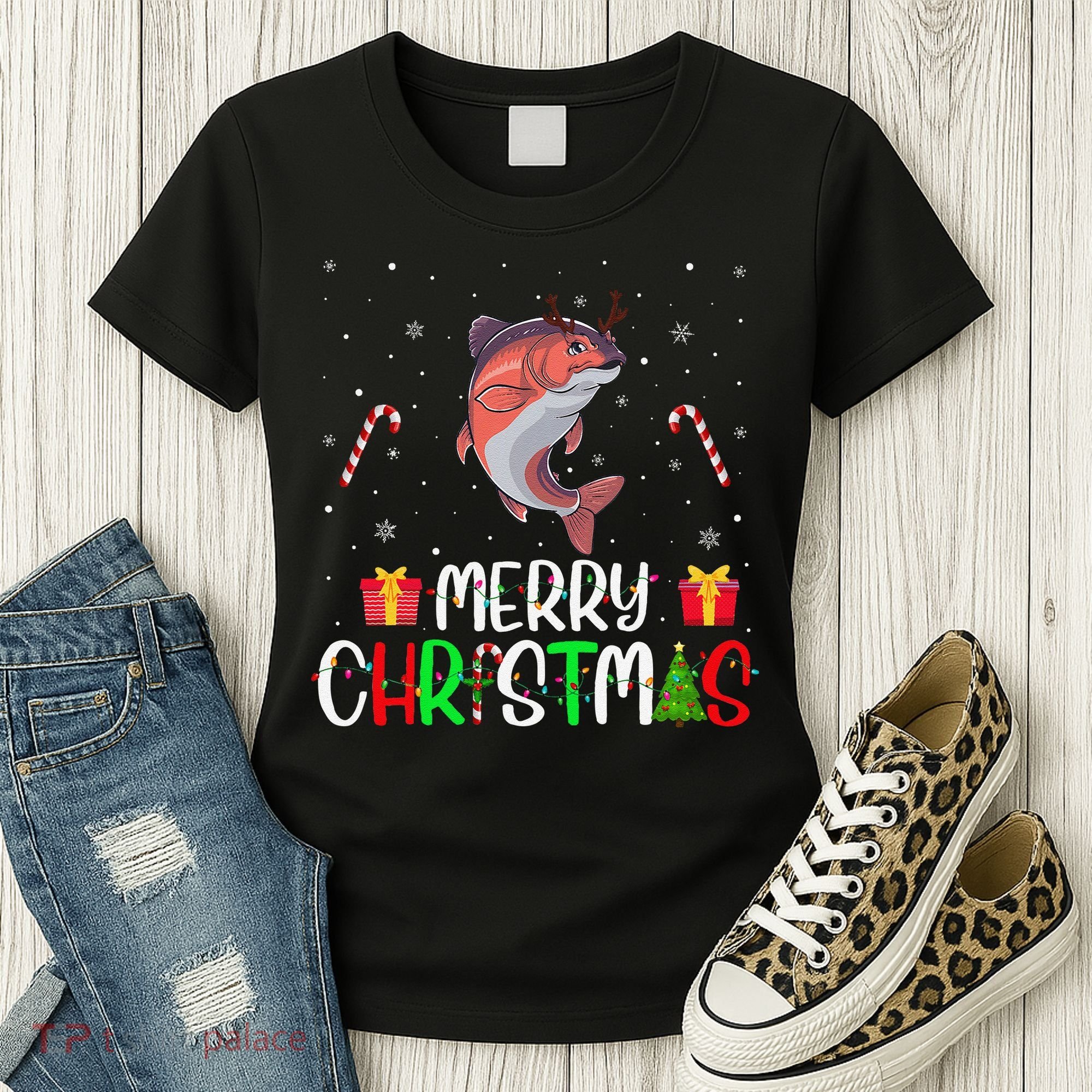 Merry Christmas Lights Salmon Reindeer Hat Xmas Pjs Women's T-Shirt