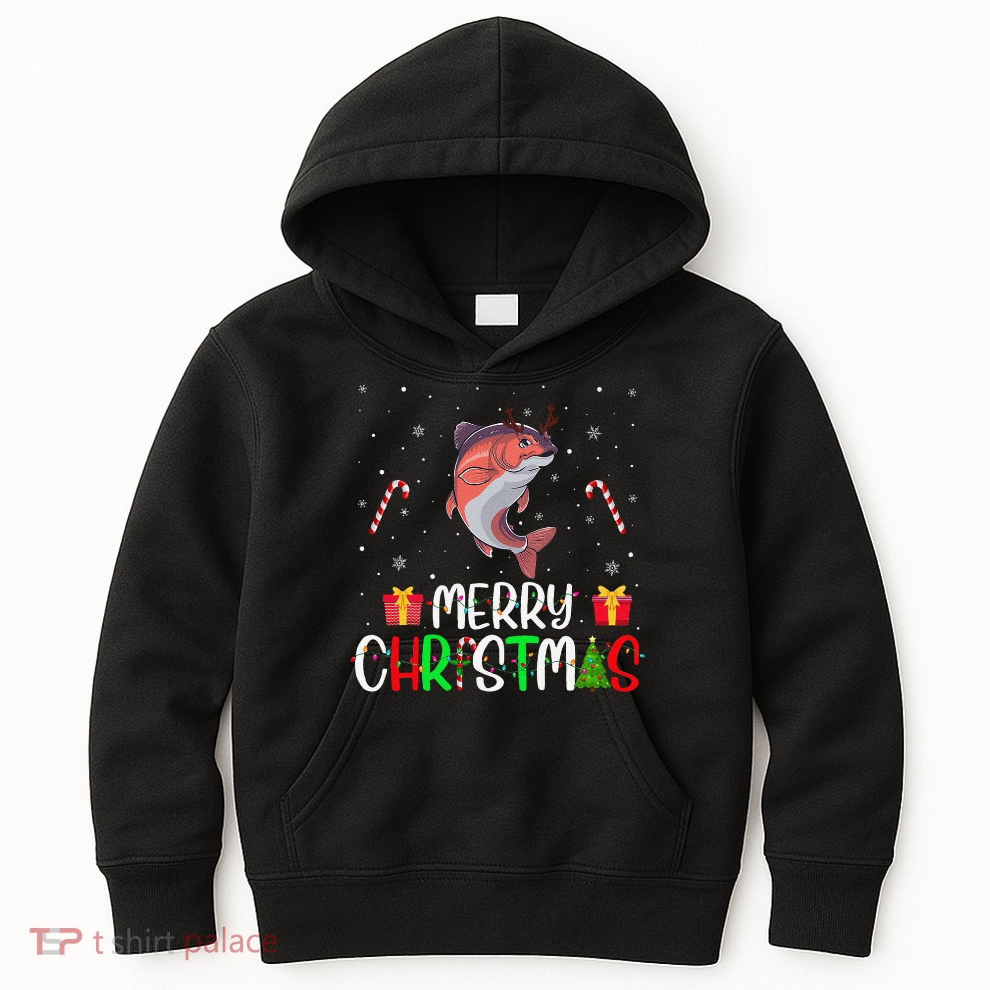 Merry Christmas Lights Salmon Reindeer Hat Xmas Pjs Kids Hoodie