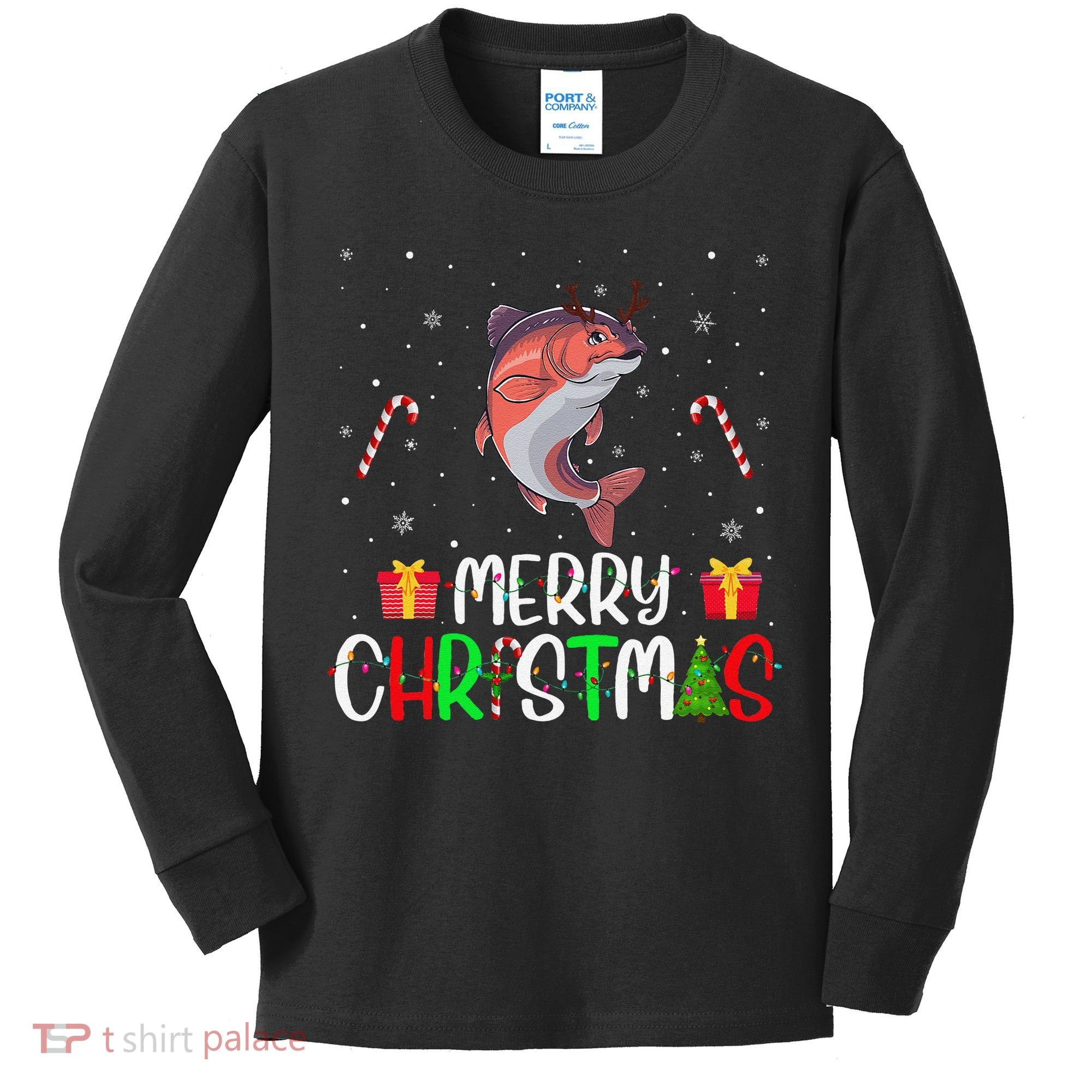 Merry Christmas Lights Salmon Reindeer Hat Xmas Pjs Kids Long Sleeve Shirt
