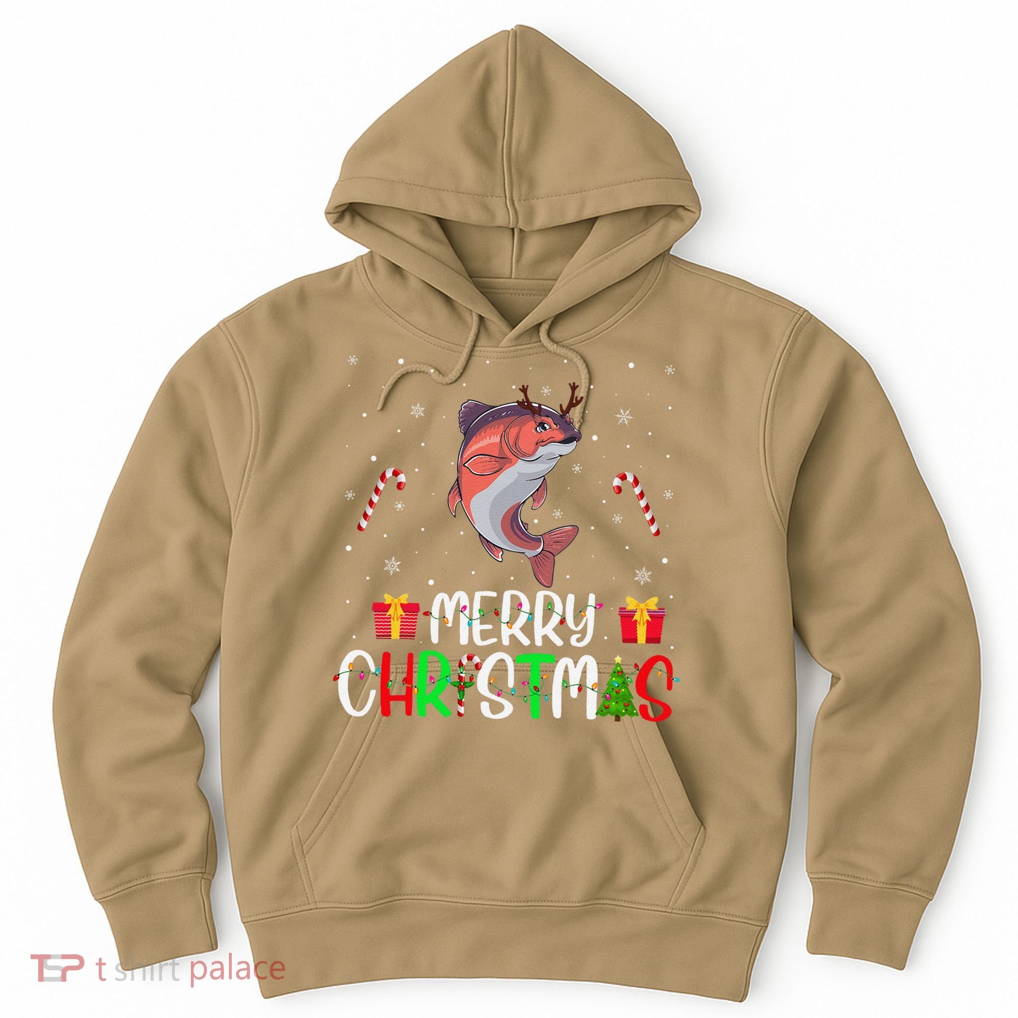 Merry Christmas Lights Salmon Reindeer Hat Xmas Pjs Hoodie