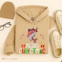 Merry Christmas Lights Salmon Reindeer Hat Xmas Pjs Hoodie thumb 4