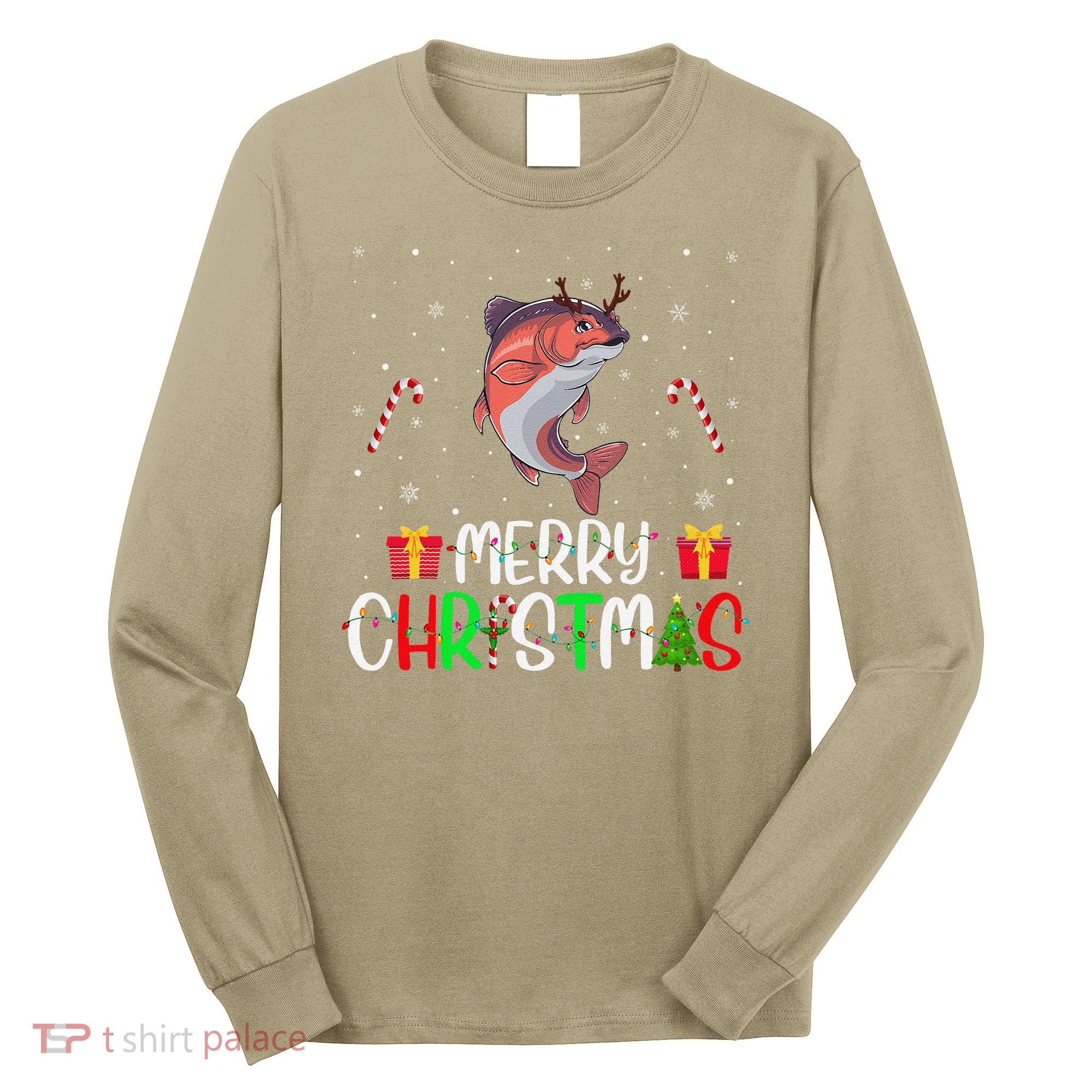Merry Christmas Lights Salmon Reindeer Hat Xmas Pjs Long Sleeve Shirt