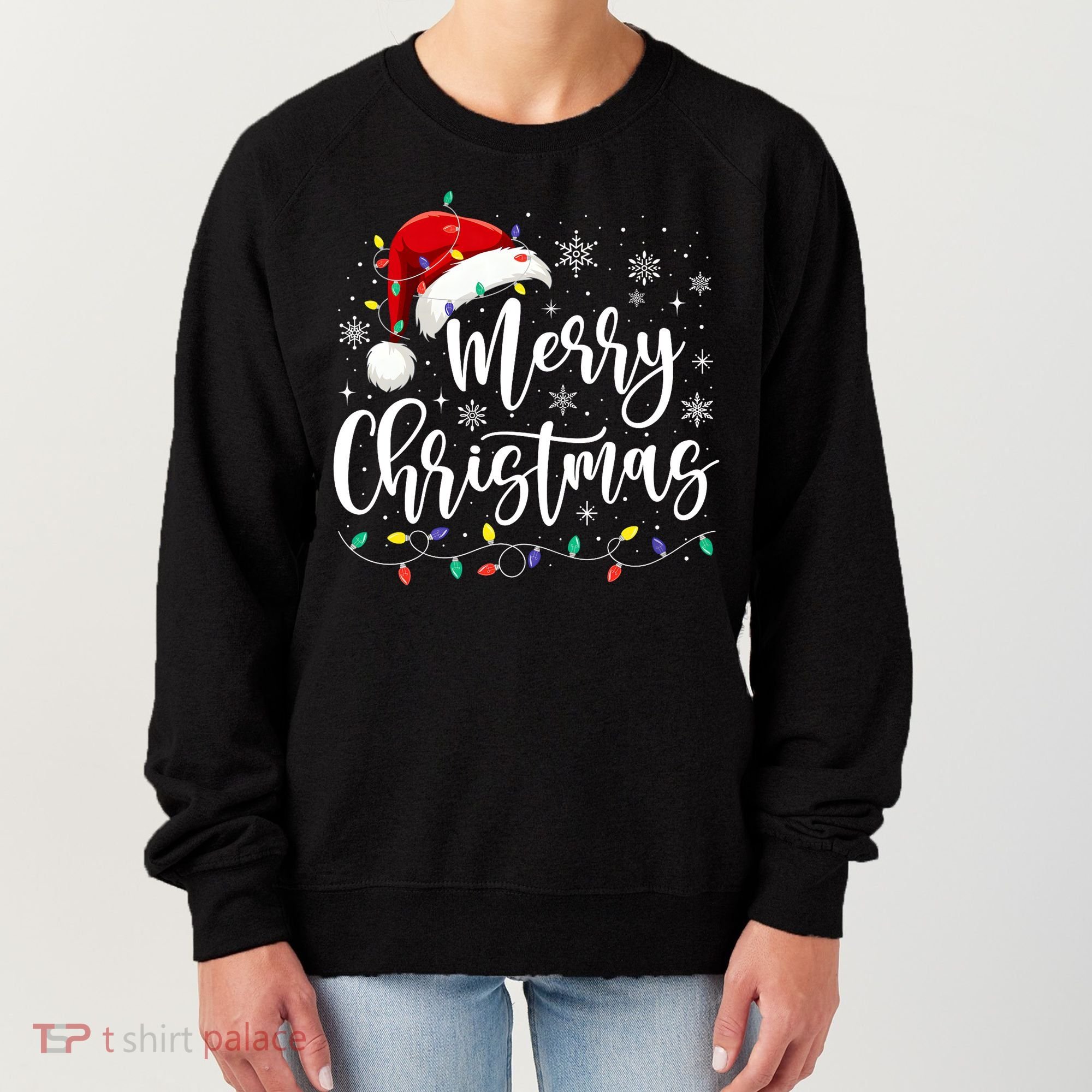 Merry Christmas Lights Red Santa Hat Xmas Family Matching Women's Sweatshirt