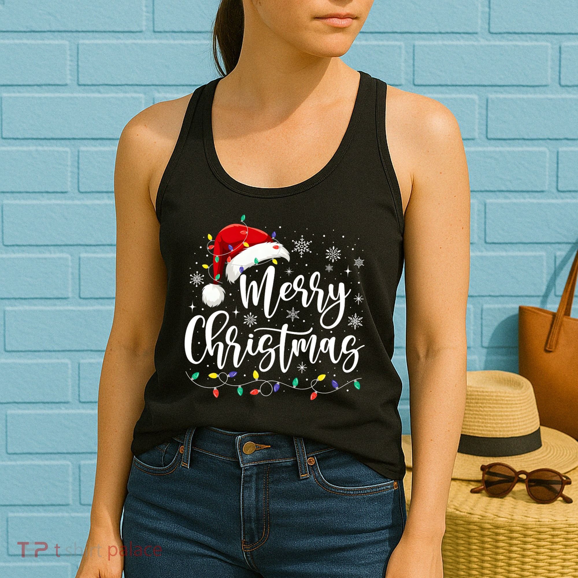 Merry Christmas Lights Red Santa Hat Xmas Family Matching Women's Tank Top