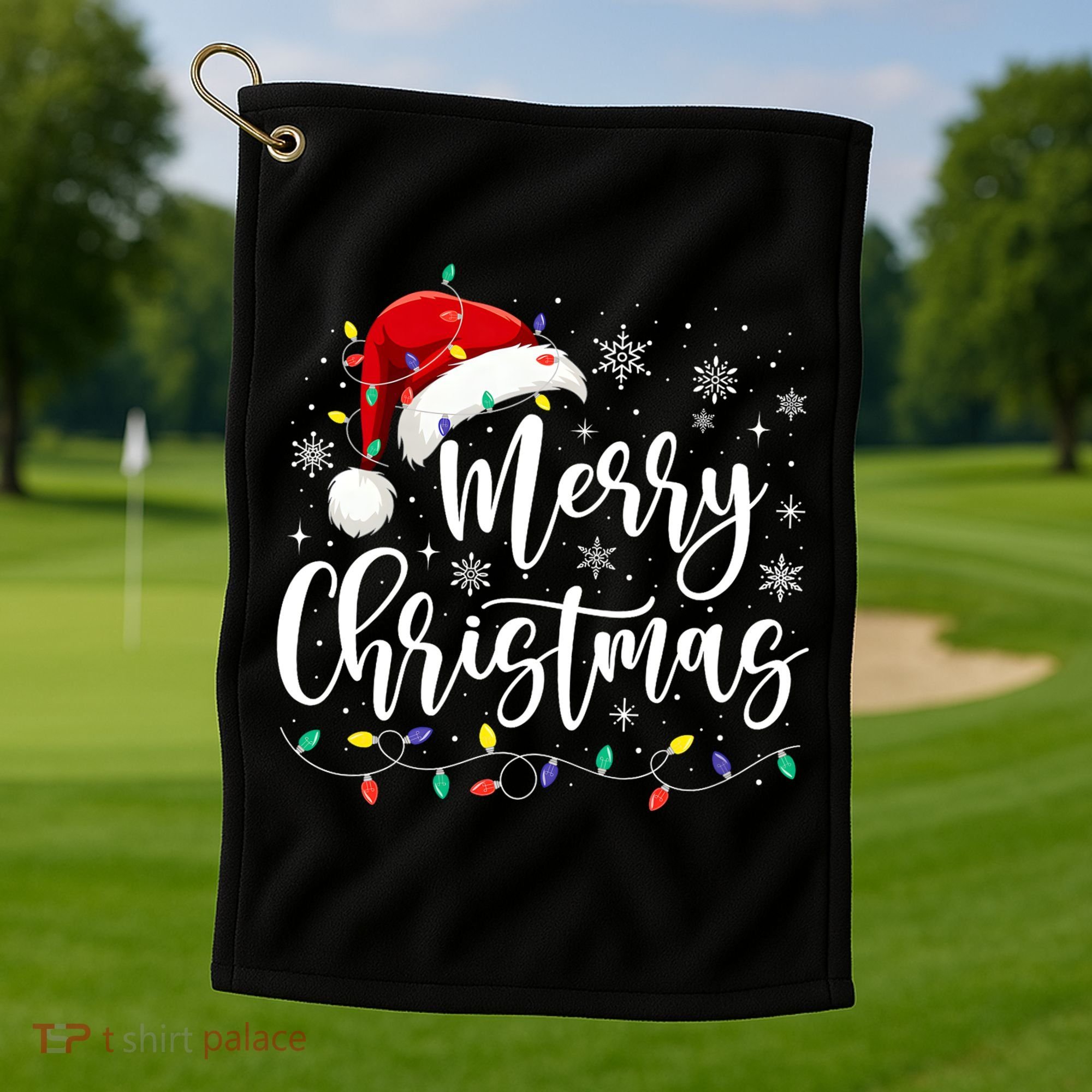 Merry Christmas Lights Red Santa Hat Xmas Family Matching Golf Towel