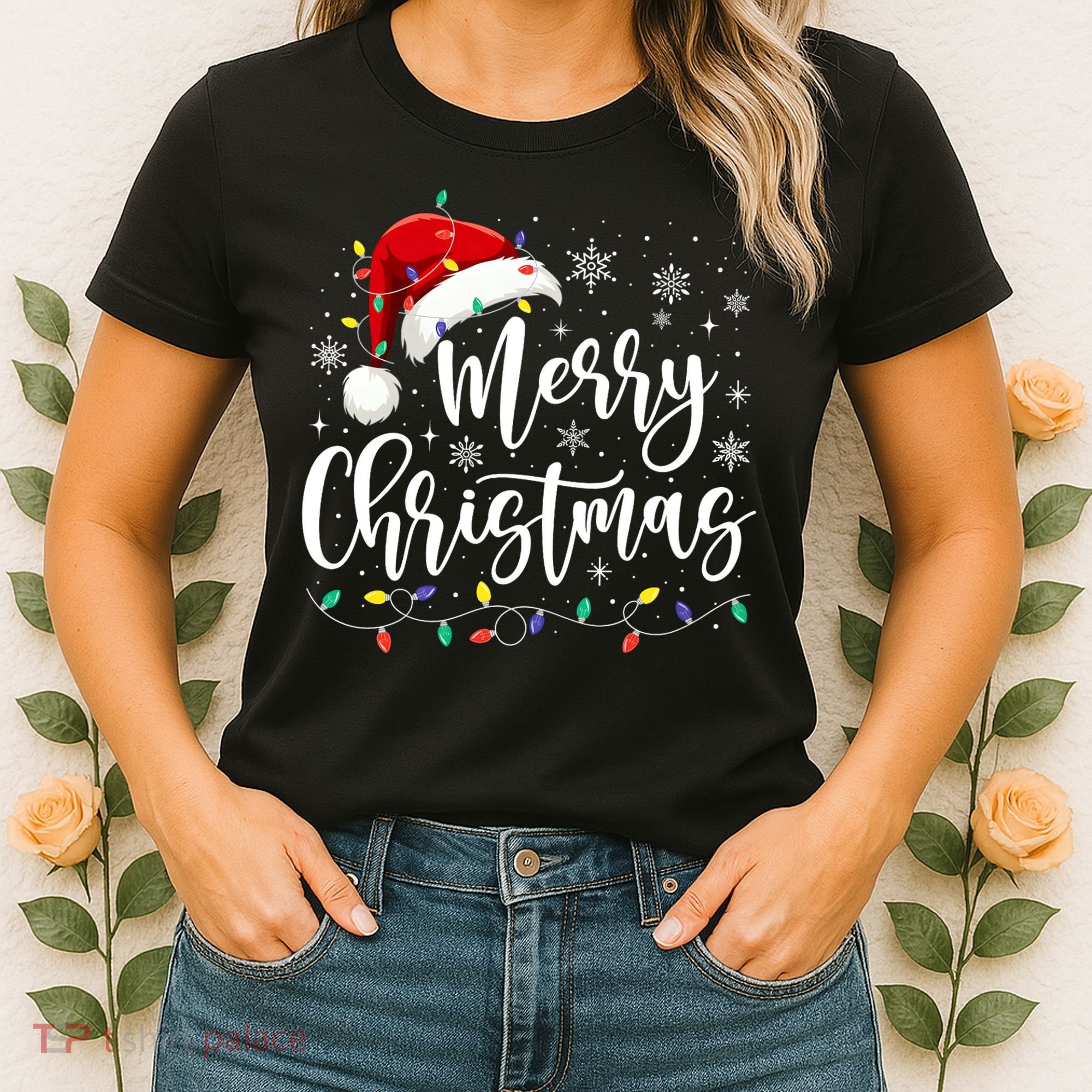 Merry Christmas Lights Red Santa Hat Xmas Family Matching Women's T-Shirt