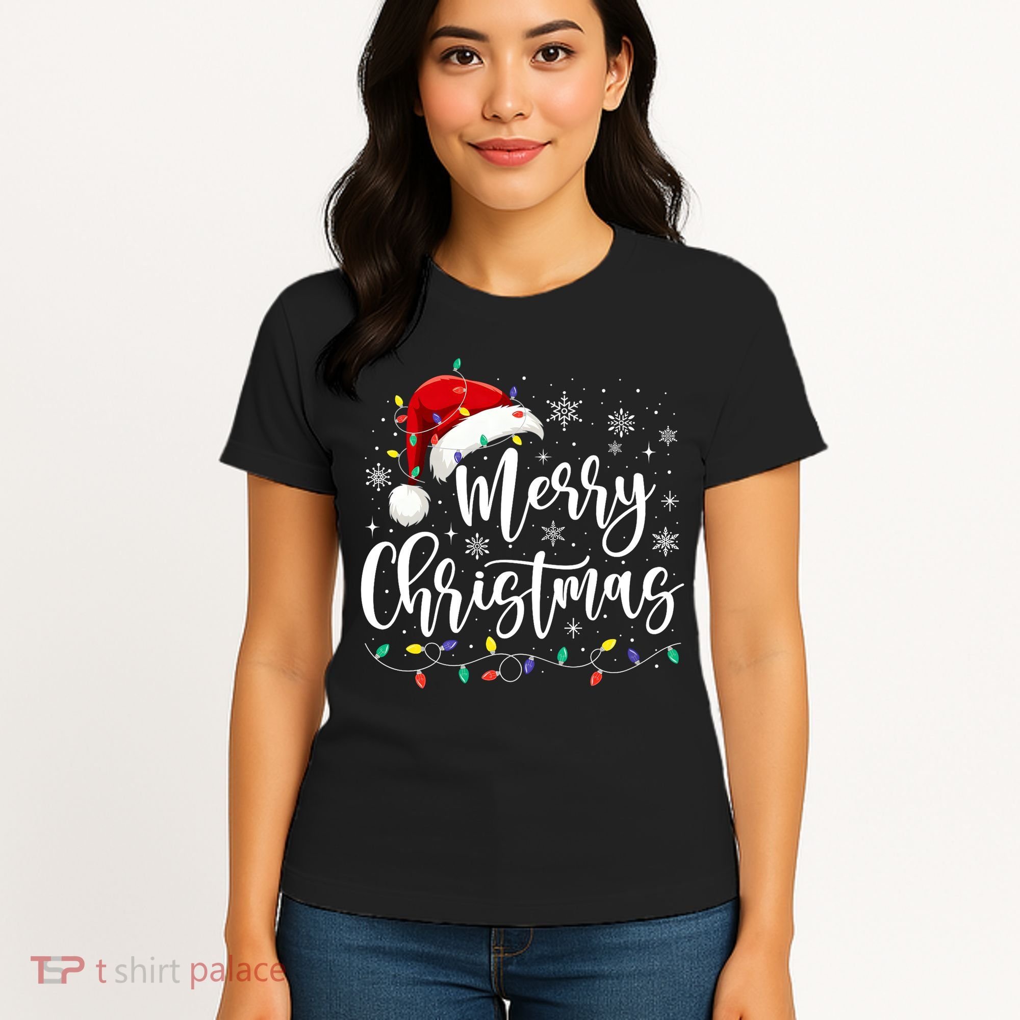 Merry Christmas Lights Red Santa Hat Xmas Family Matching Women's T-Shirt