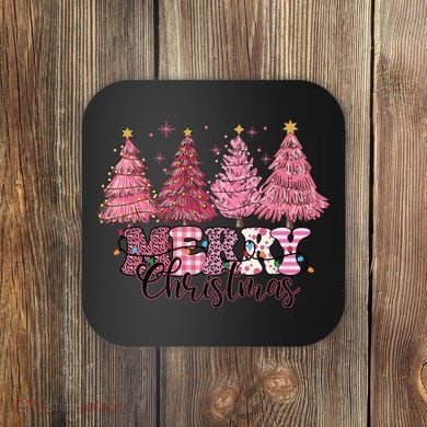 Merry Christmas Lights Pink Tree Gift Xmas Holidays Coaster