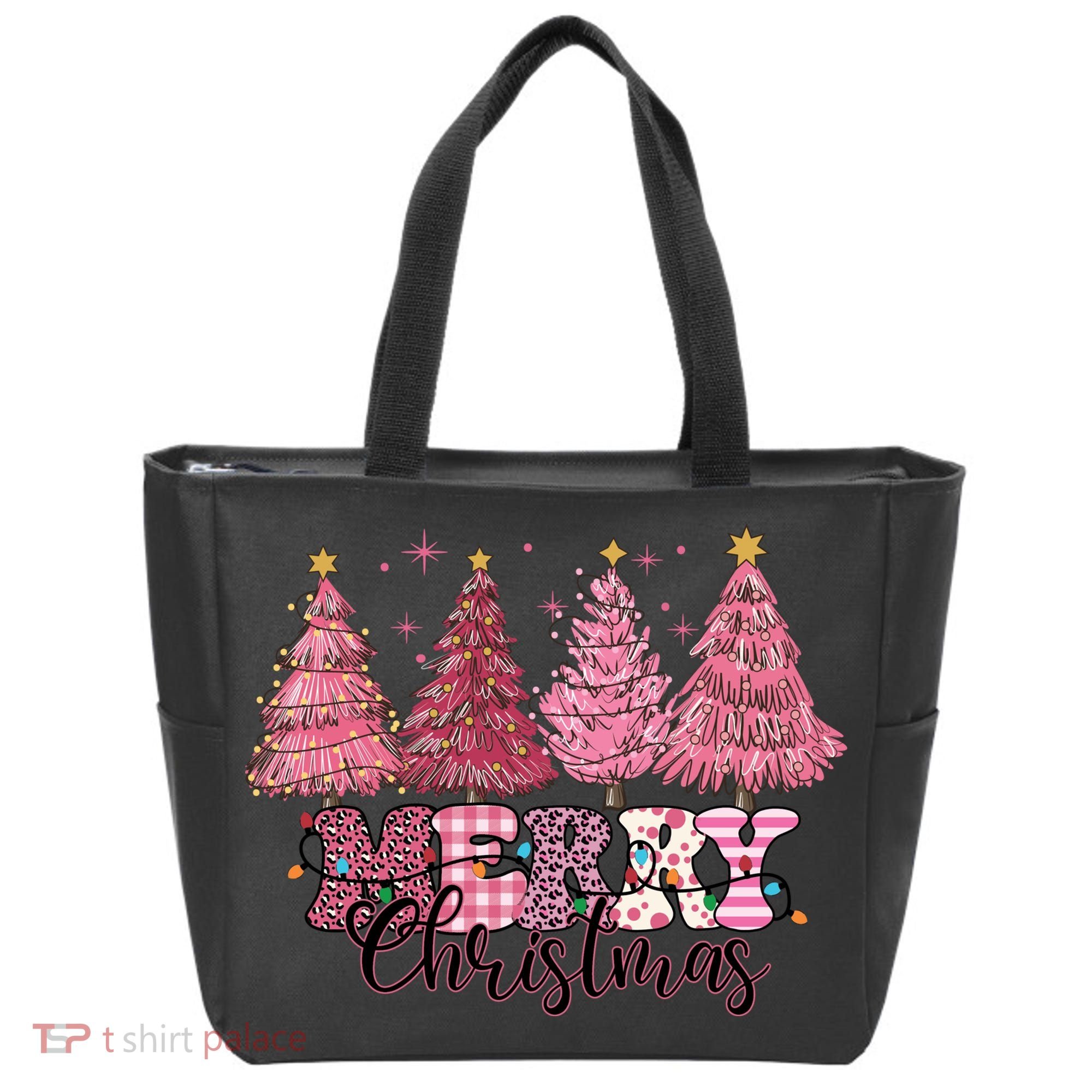 Merry Christmas Lights Pink Tree Gift Xmas Holidays Tote Bag