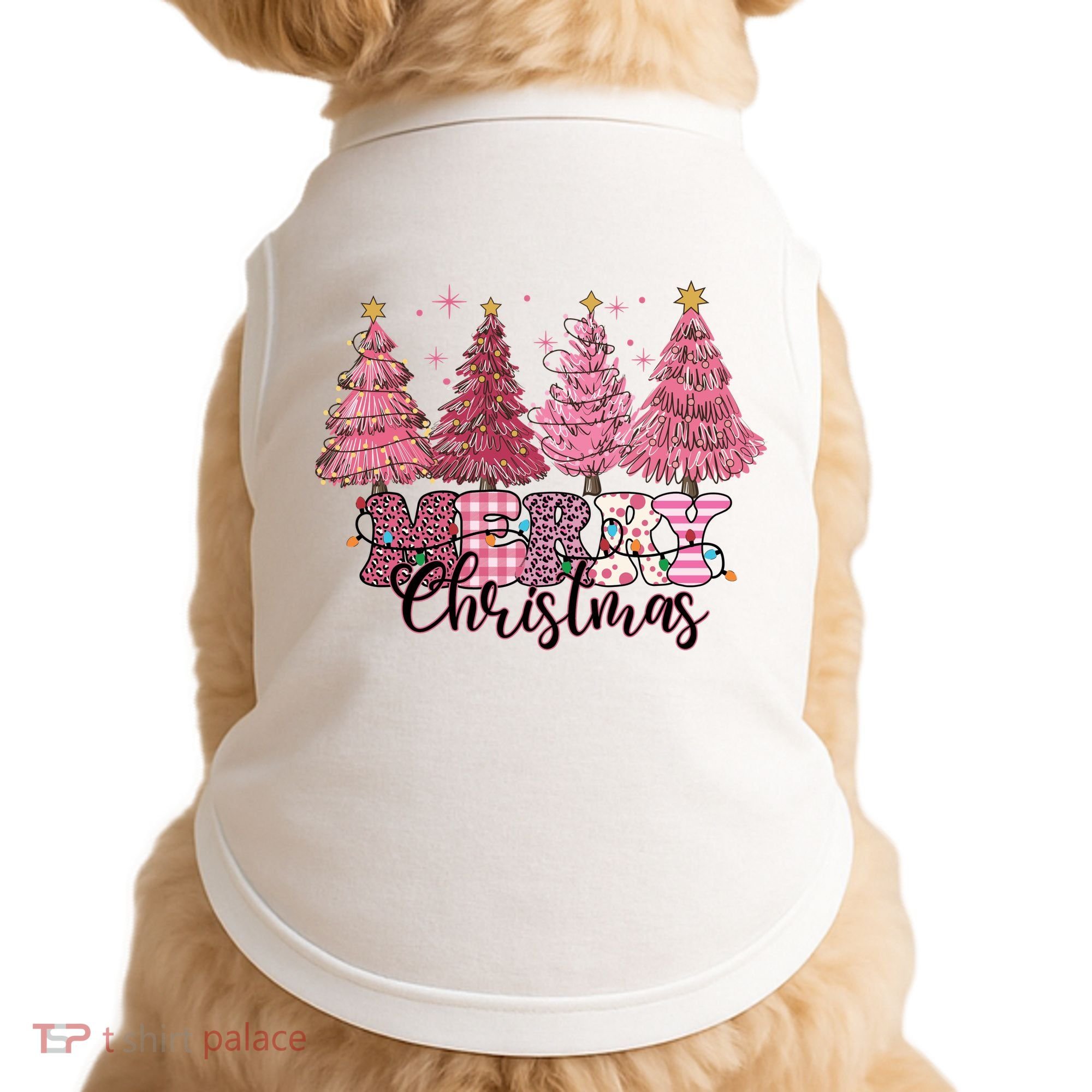 Merry Christmas Lights Pink Tree Gift Xmas Holidays Doggie Tank