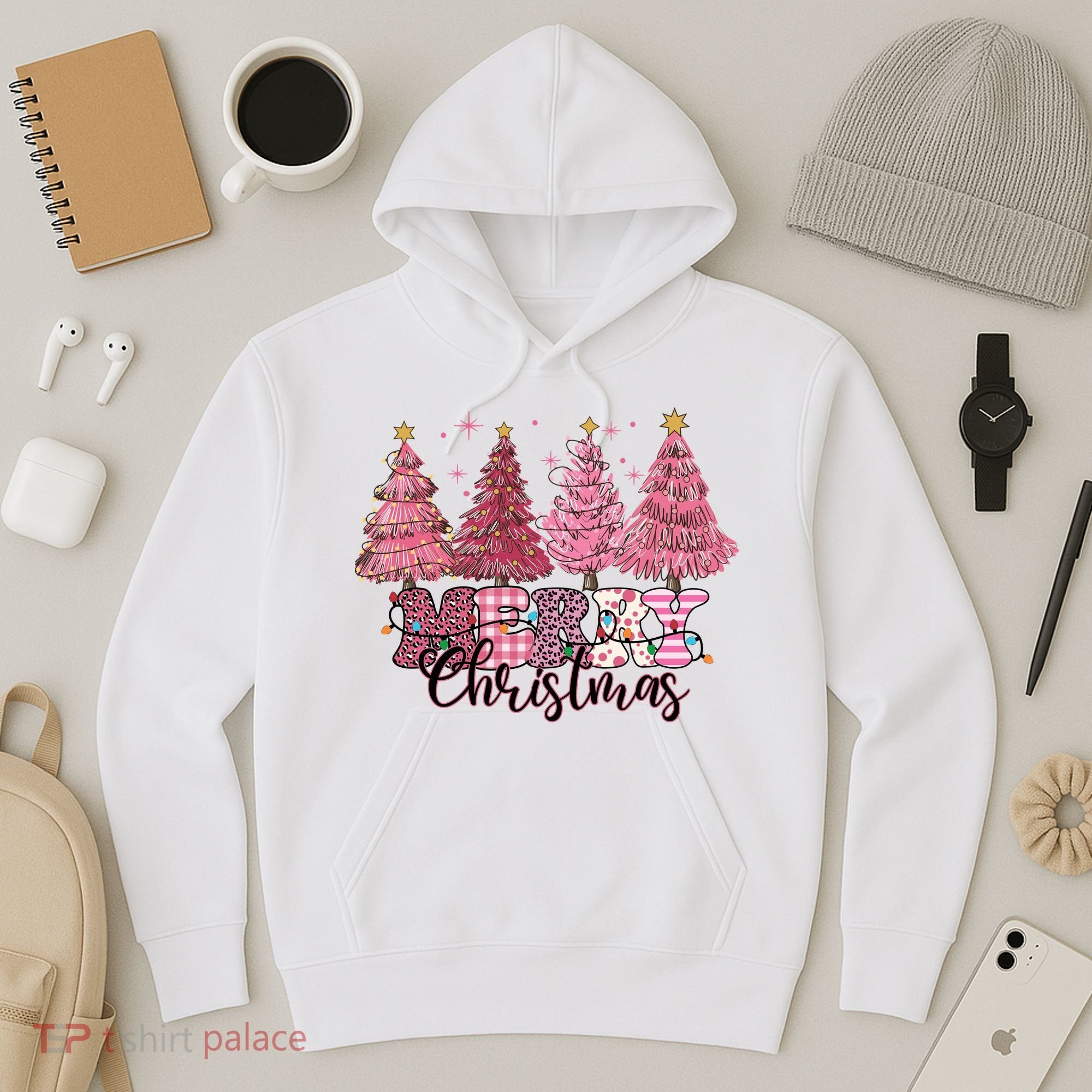 Merry Christmas Lights Pink Tree Gift Xmas Holidays Hoodie