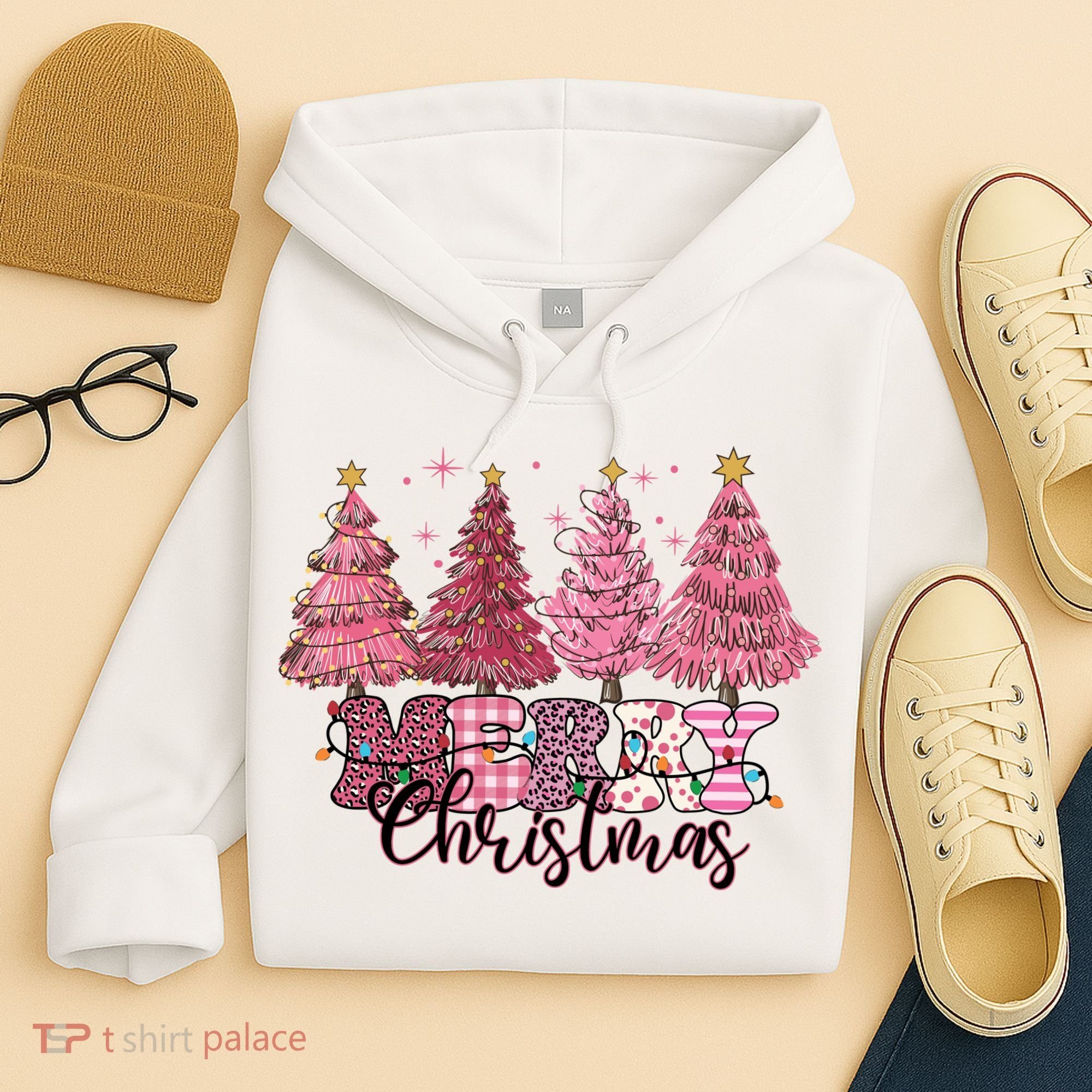 Merry Christmas Lights Pink Tree Gift Xmas Holidays Hoodie