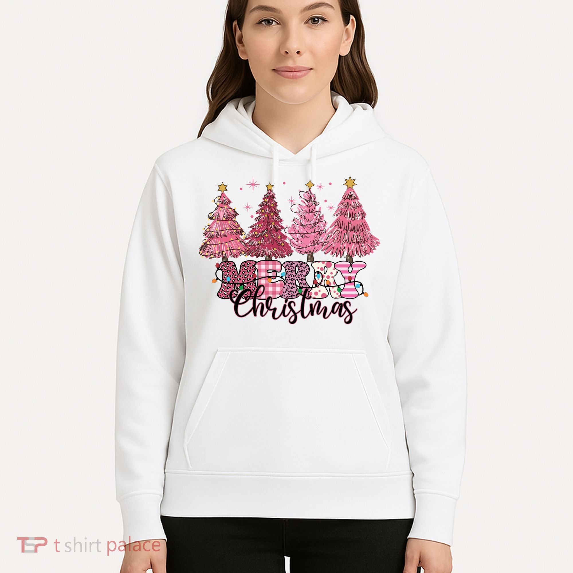 Merry Christmas Lights Pink Tree Gift Xmas Holidays Hoodie