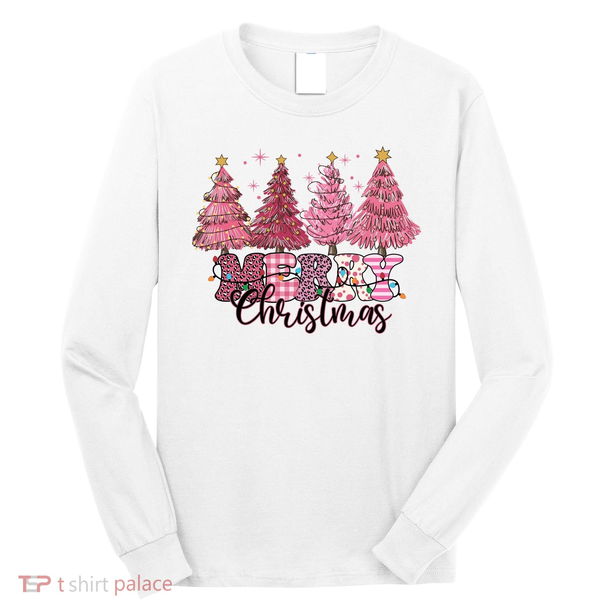 Merry Christmas Lights Pink Tree Gift Xmas Holidays Long Sleeve Shirt