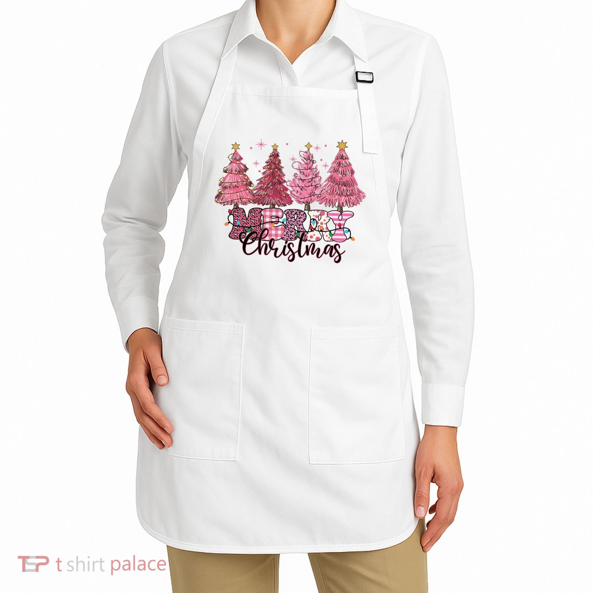 Merry Christmas Lights Pink Tree Gift Xmas Holidays Apron