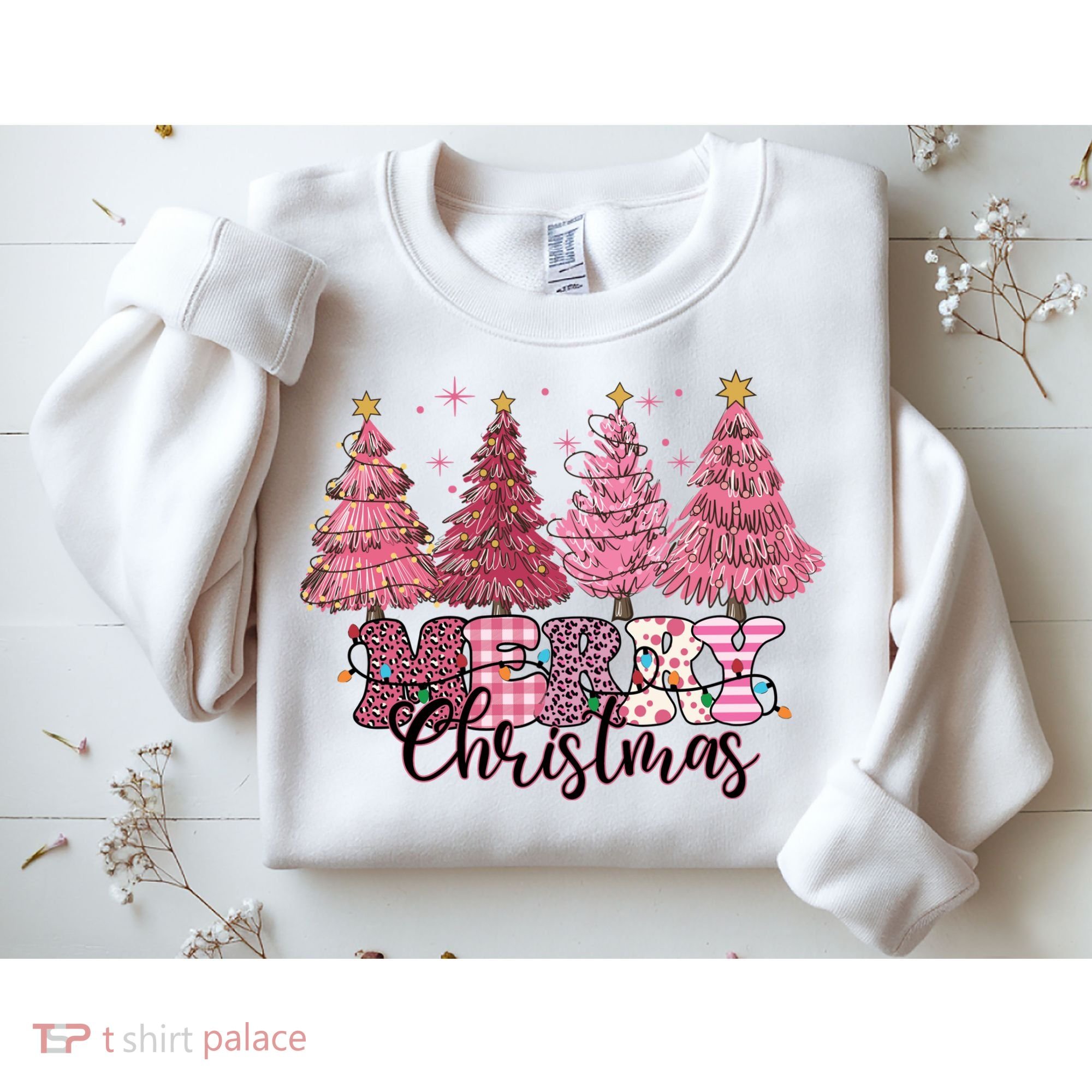 Merry Christmas Lights Pink Tree Gift Xmas Holidays Sweatshirt