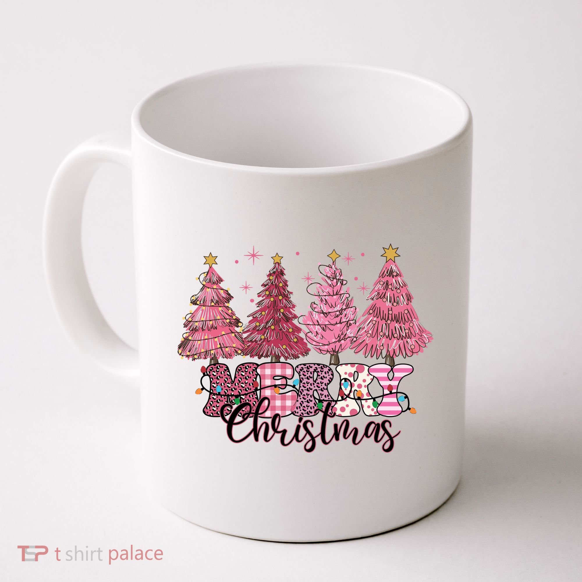 Merry Christmas Lights Pink Tree Gift Xmas Holidays Coffee Mug