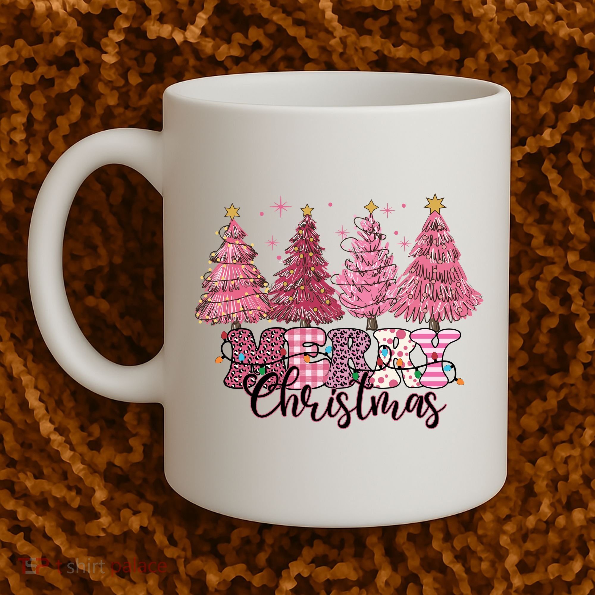 Merry Christmas Lights Pink Tree Gift Xmas Holidays Coffee Mug