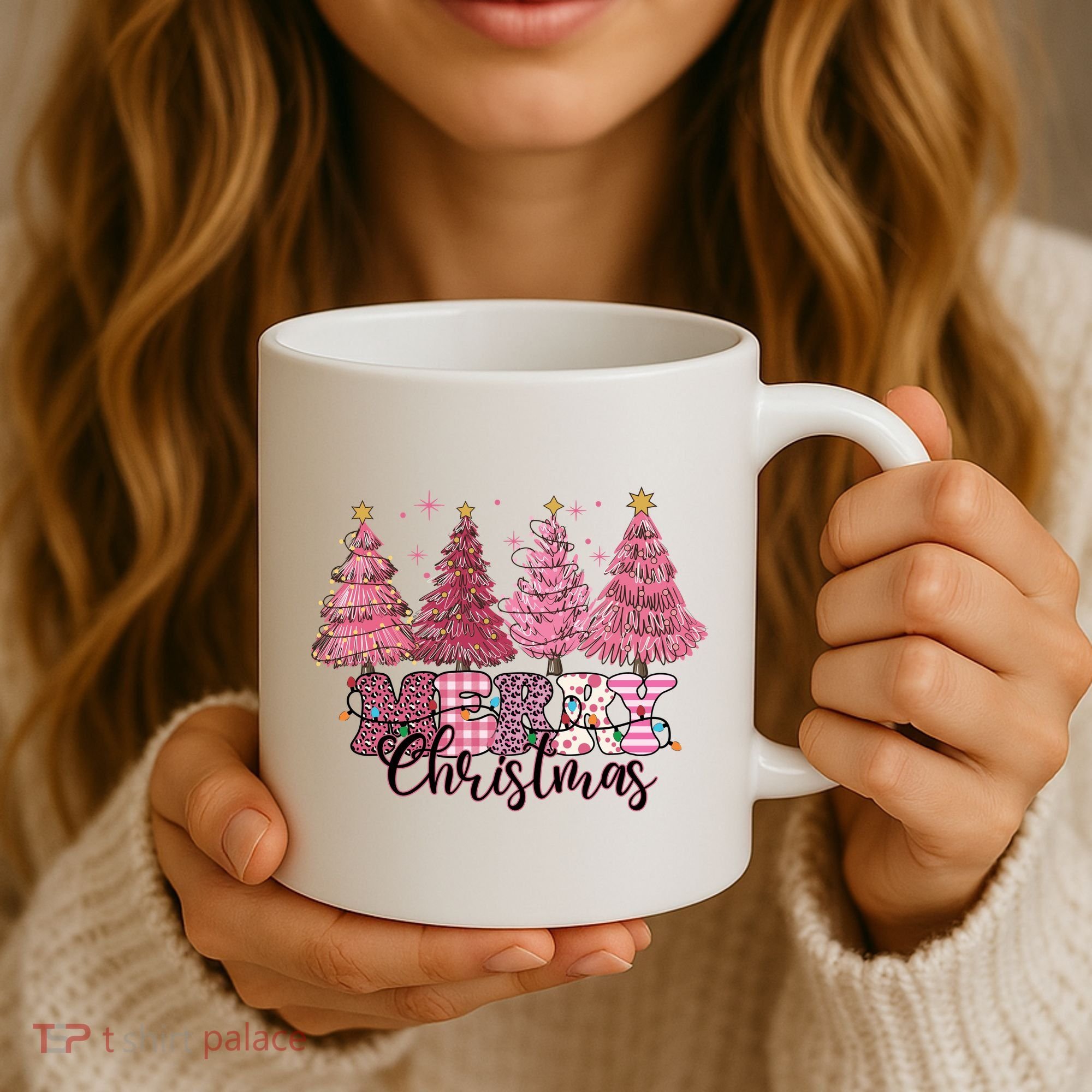 Merry Christmas Lights Pink Tree Gift Xmas Holidays Coffee Mug