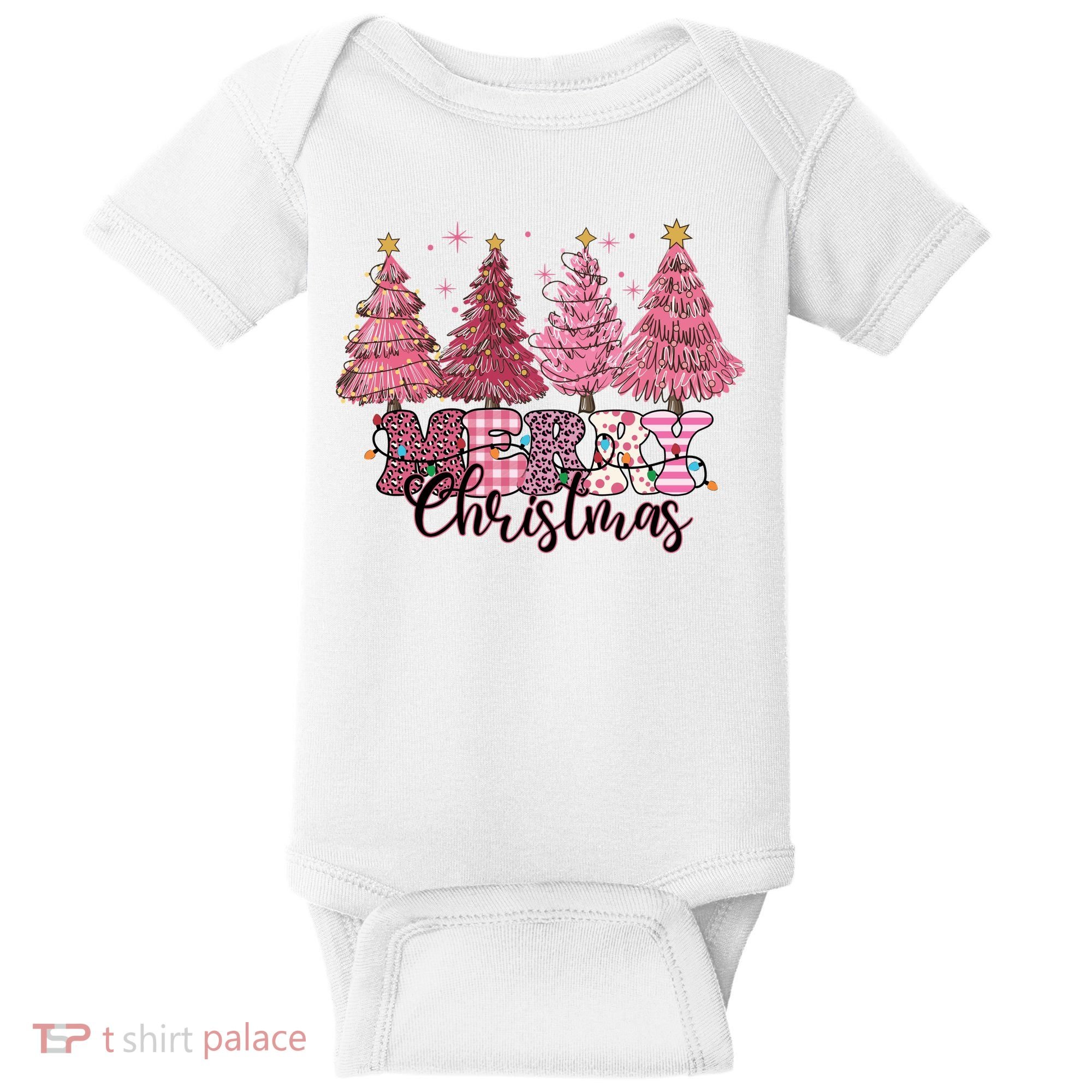 Merry Christmas Lights Pink Tree Gift Xmas Holidays Baby Bodysuit