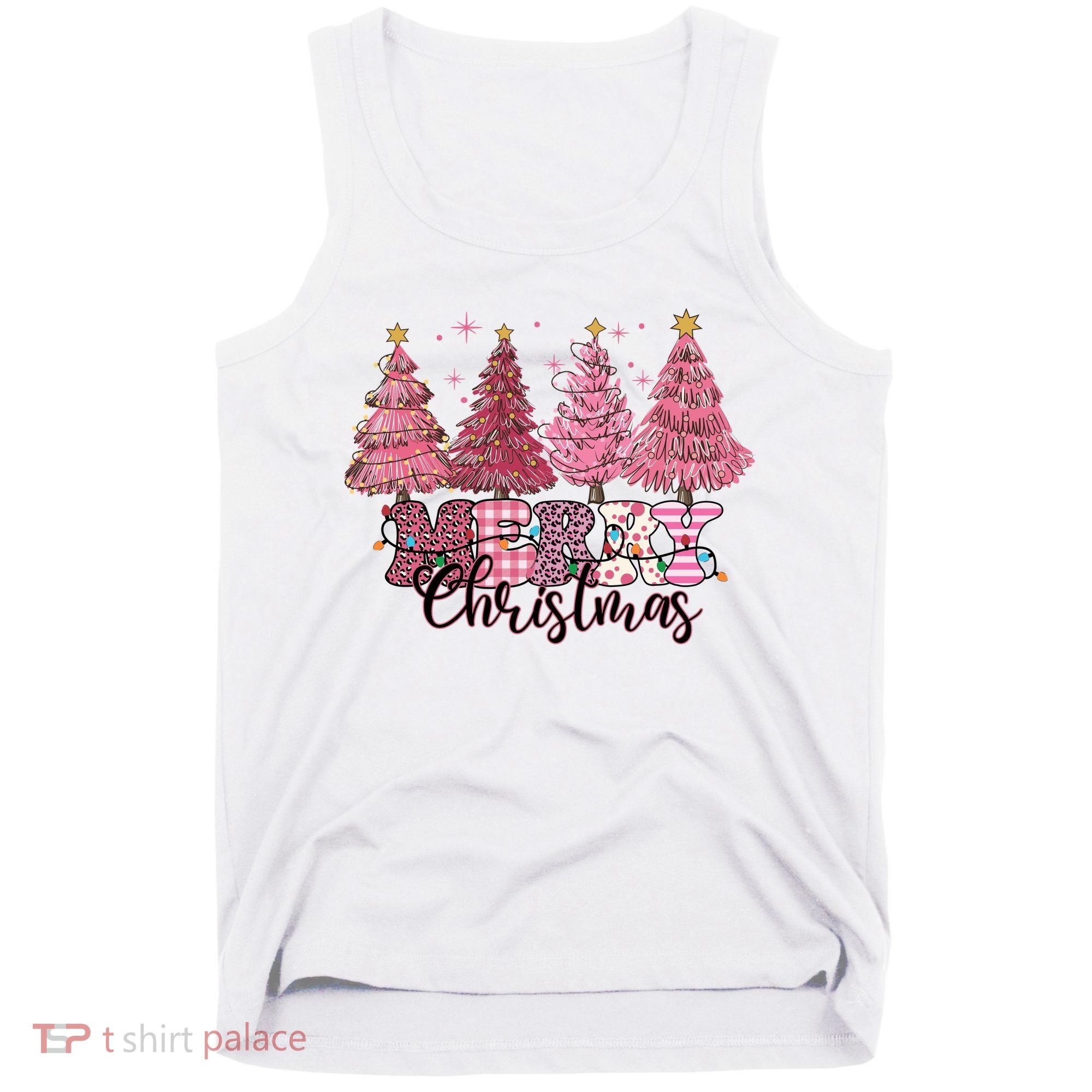 Merry Christmas Lights Pink Tree Gift Xmas Holidays Tank Top