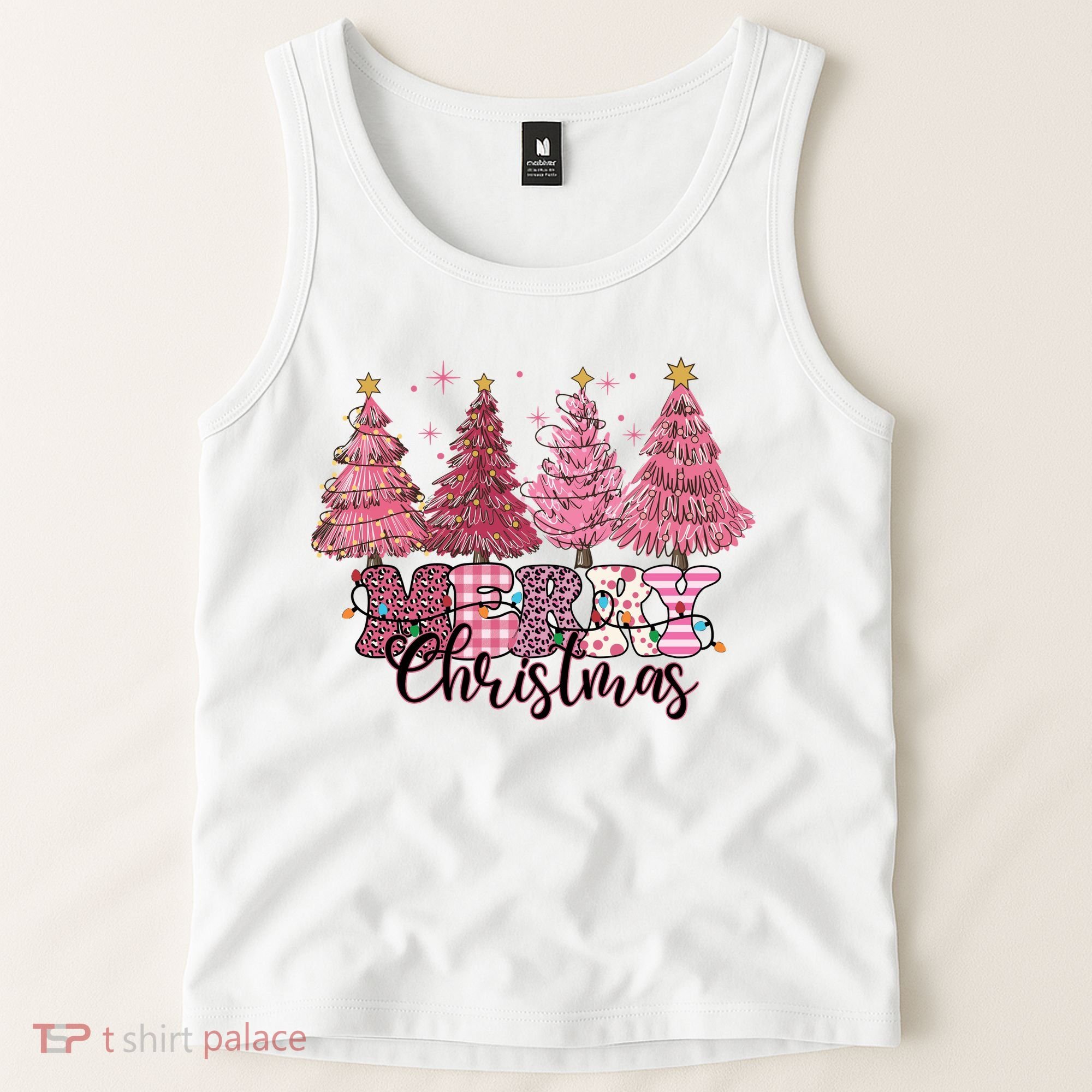 Merry Christmas Lights Pink Tree Gift Xmas Holidays Tank Top