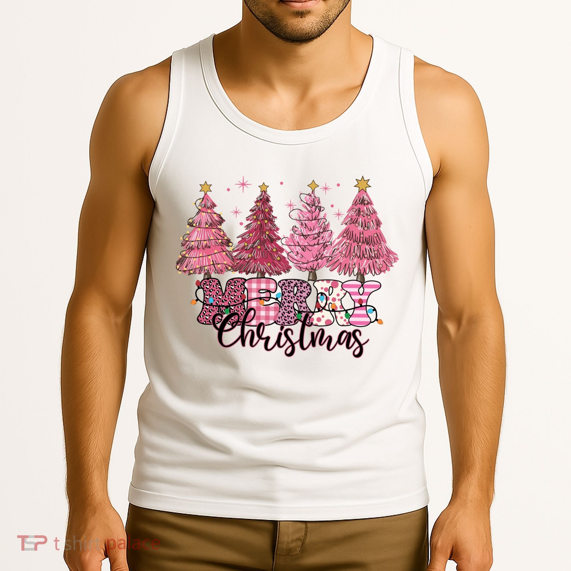 Merry Christmas Lights Pink Tree Gift Xmas Holidays Tank Top