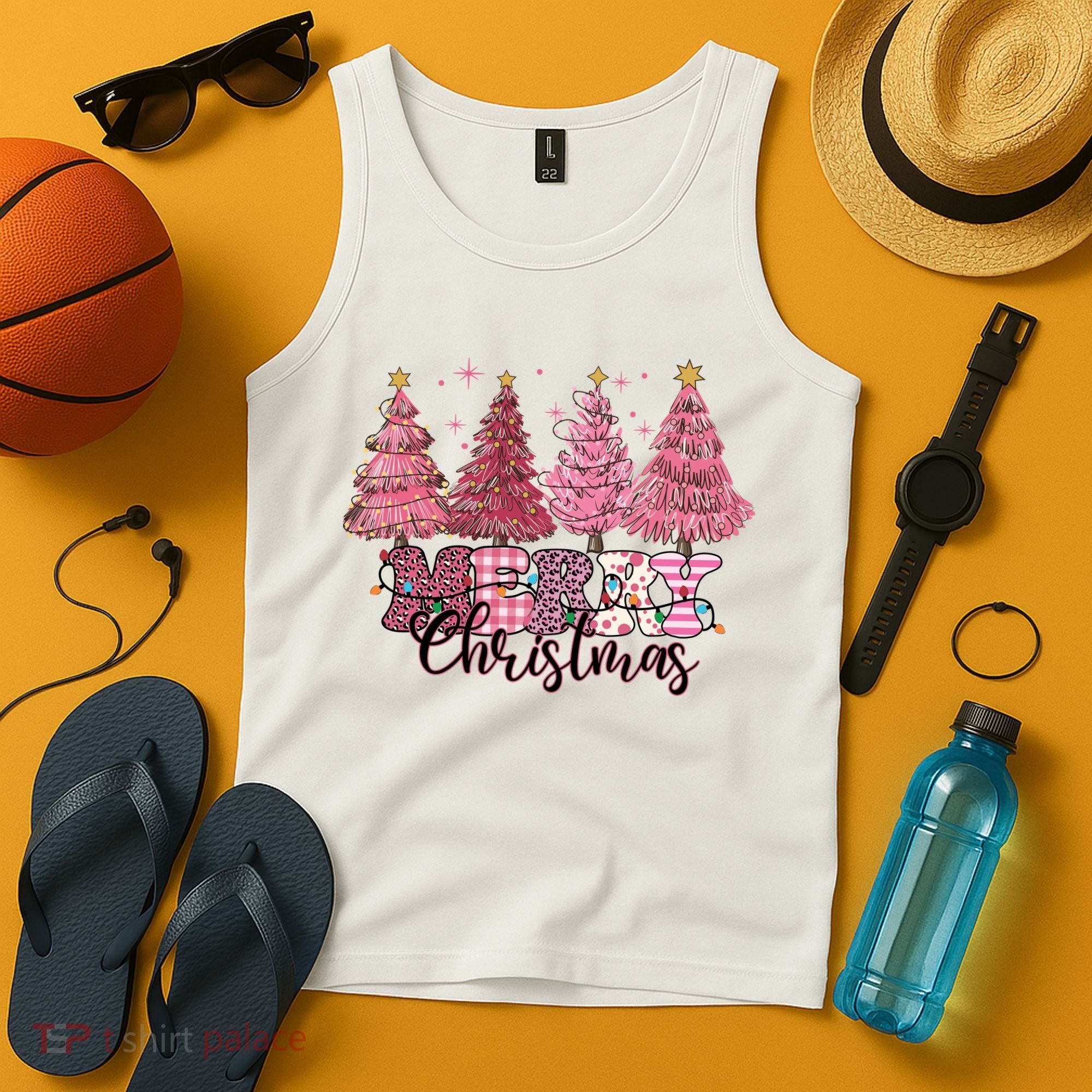 Merry Christmas Lights Pink Tree Gift Xmas Holidays Tank Top