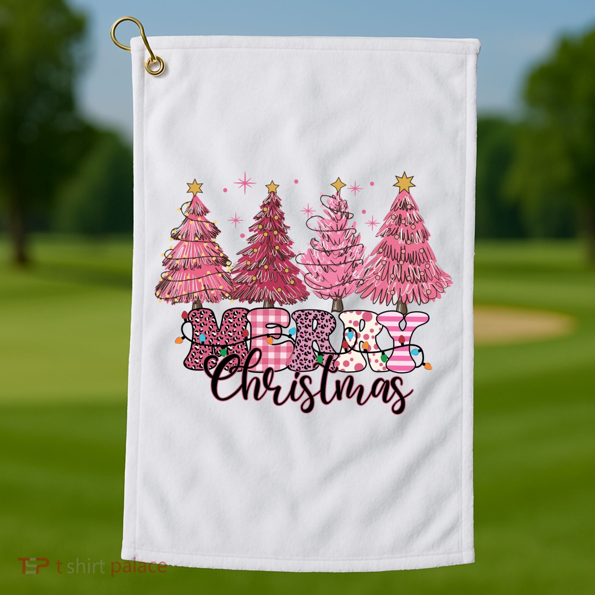 Merry Christmas Lights Pink Tree Gift Xmas Holidays Golf Towel