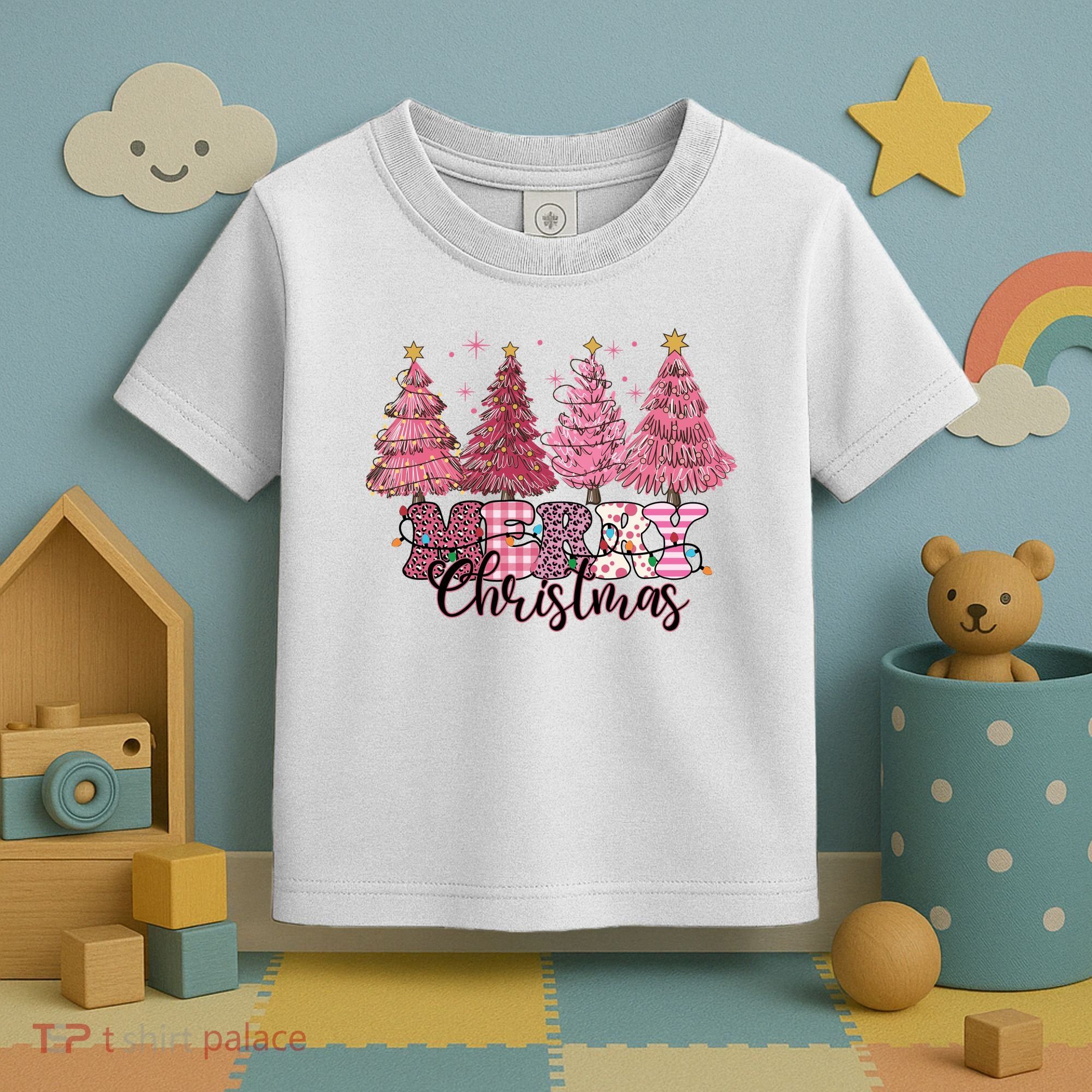 Merry Christmas Lights Pink Tree Gift Xmas Holidays Toddler T-Shirt