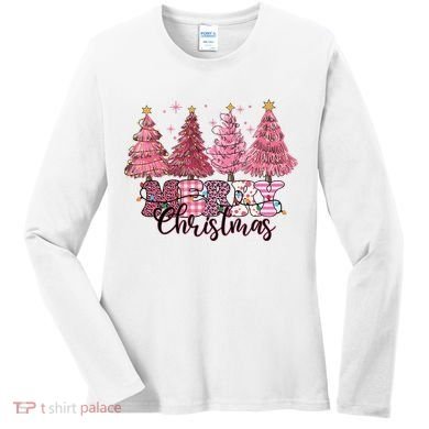 Merry Christmas Lights Pink Tree Gift Xmas Holidays Women's Long Sleeve Shirt