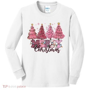 Merry Christmas Lights Pink Tree Gift Xmas Holidays Kids Long Sleeve Shirt