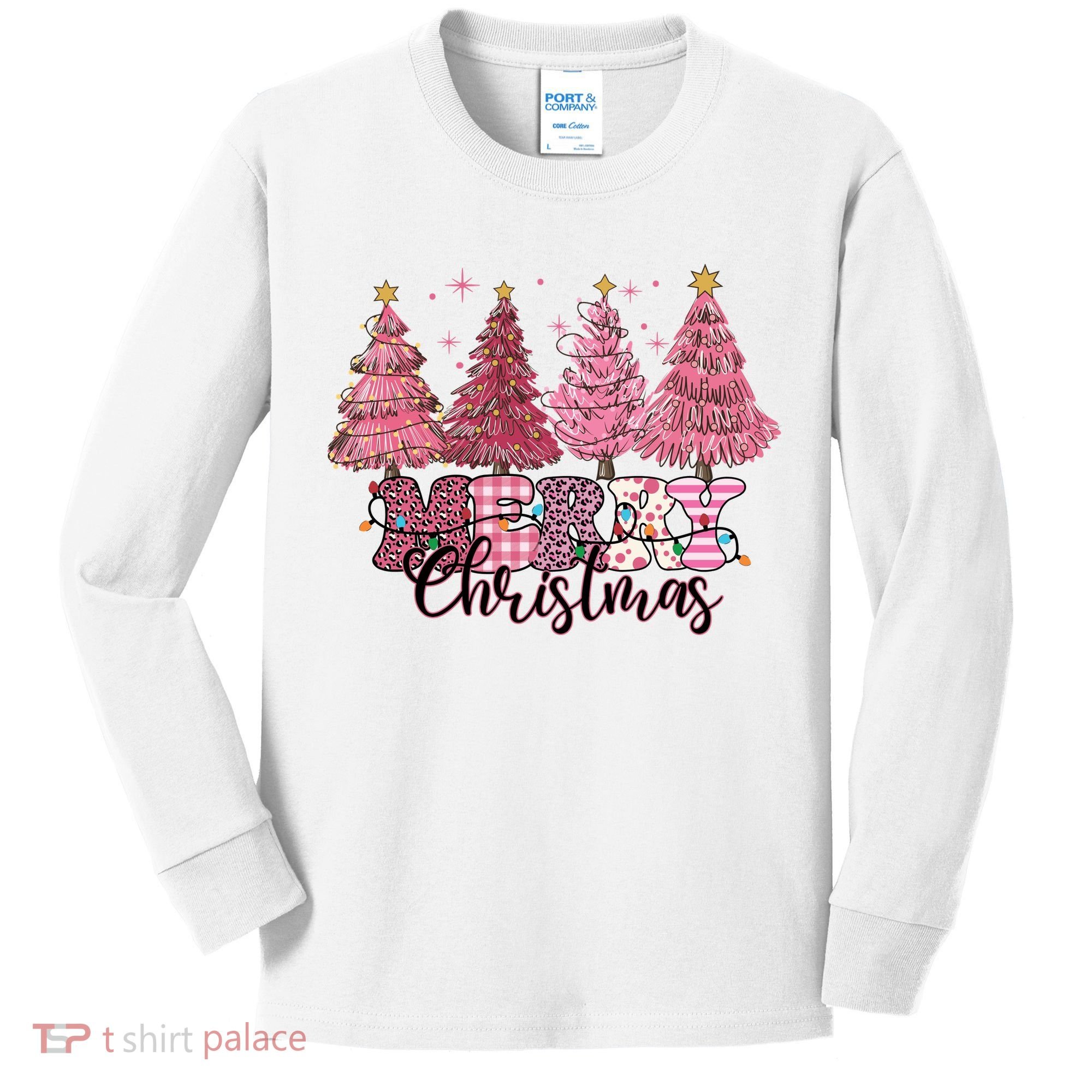 Merry Christmas Lights Pink Tree Gift Xmas Holidays Kids Long Sleeve Shirt