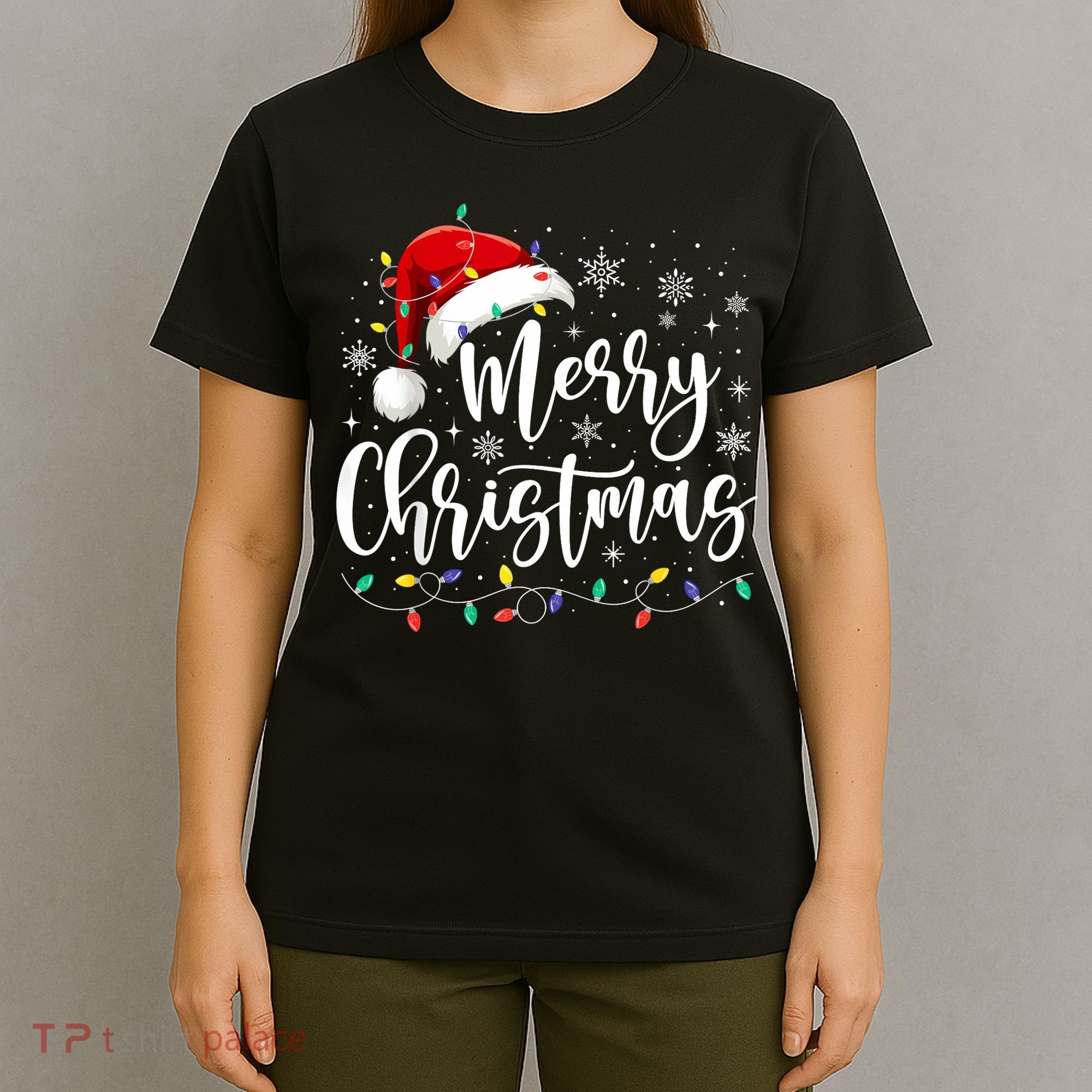 Merry Christmas Lights Red Santa Hat Xmas Family T-Shirt