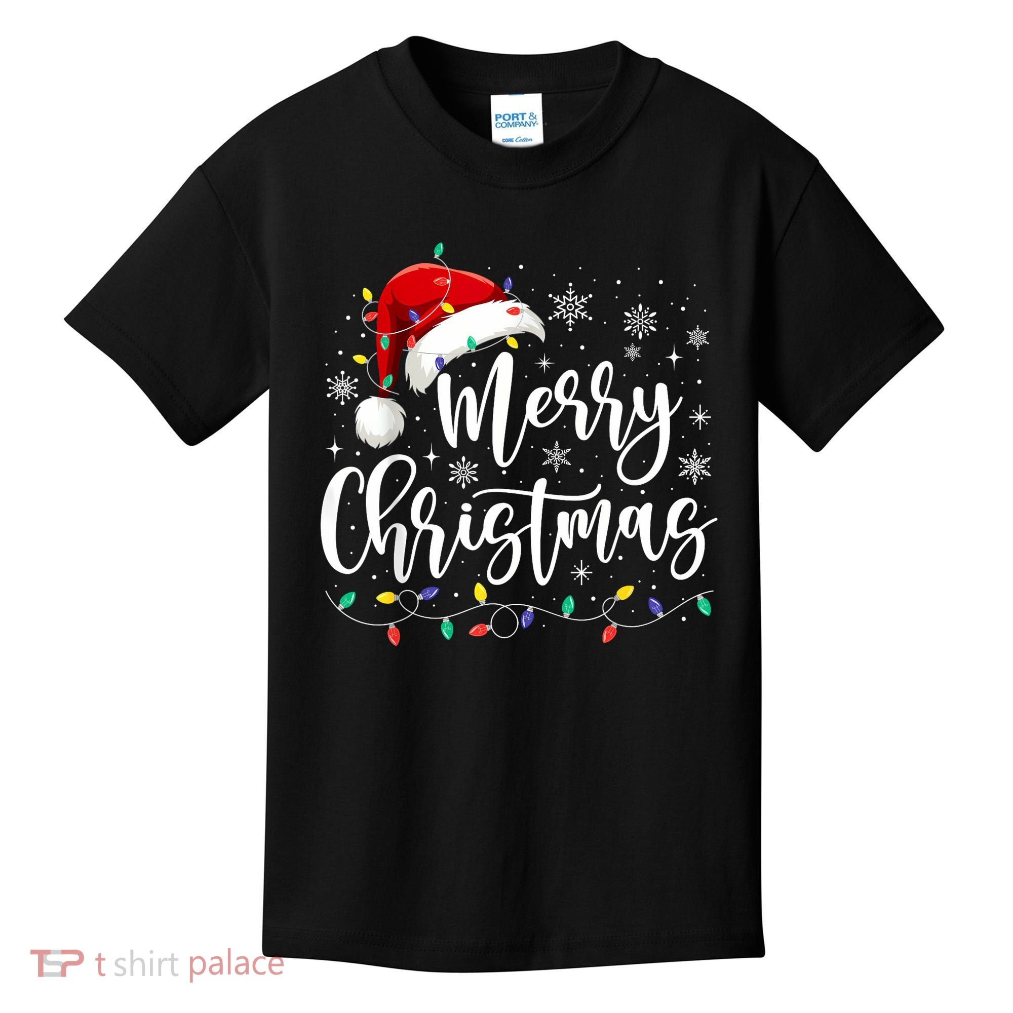 Merry Christmas Lights Red Santa Hat Xmas Family Kids T-Shirt