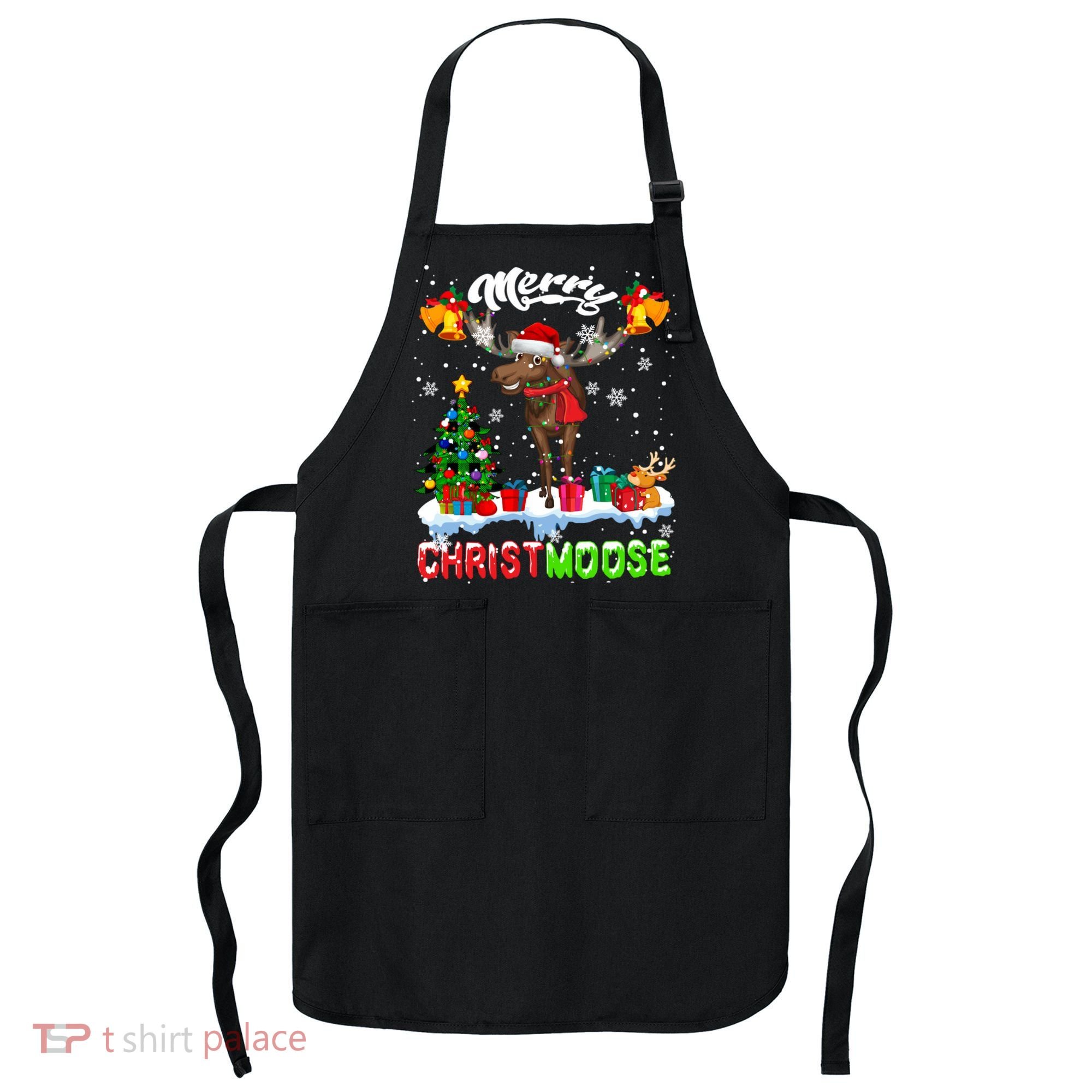 Merry Christmoose Merry Christmas Xmas Lights Santa Moose Long Sleeve Apron