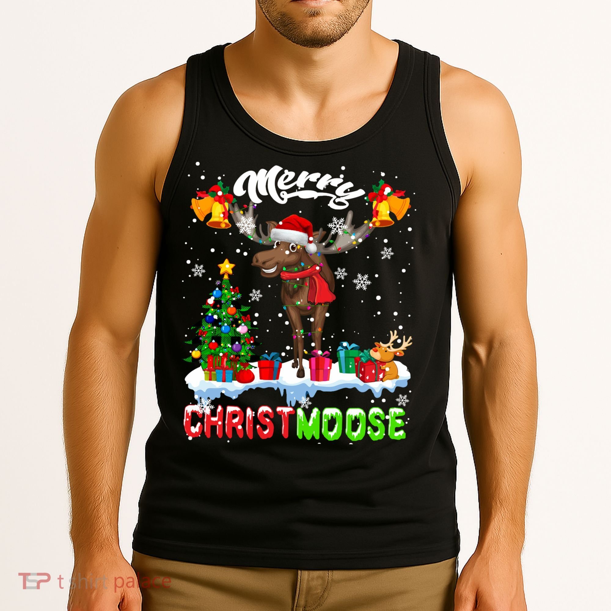Merry Christmoose Merry Christmas Xmas Lights Santa Moose Long Sleeve Tank Top