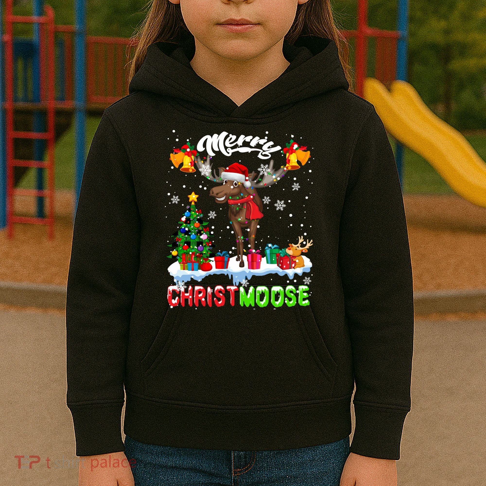 Merry Christmoose Merry Christmas Xmas Lights Santa Moose Long Sleeve Kids Hoodie