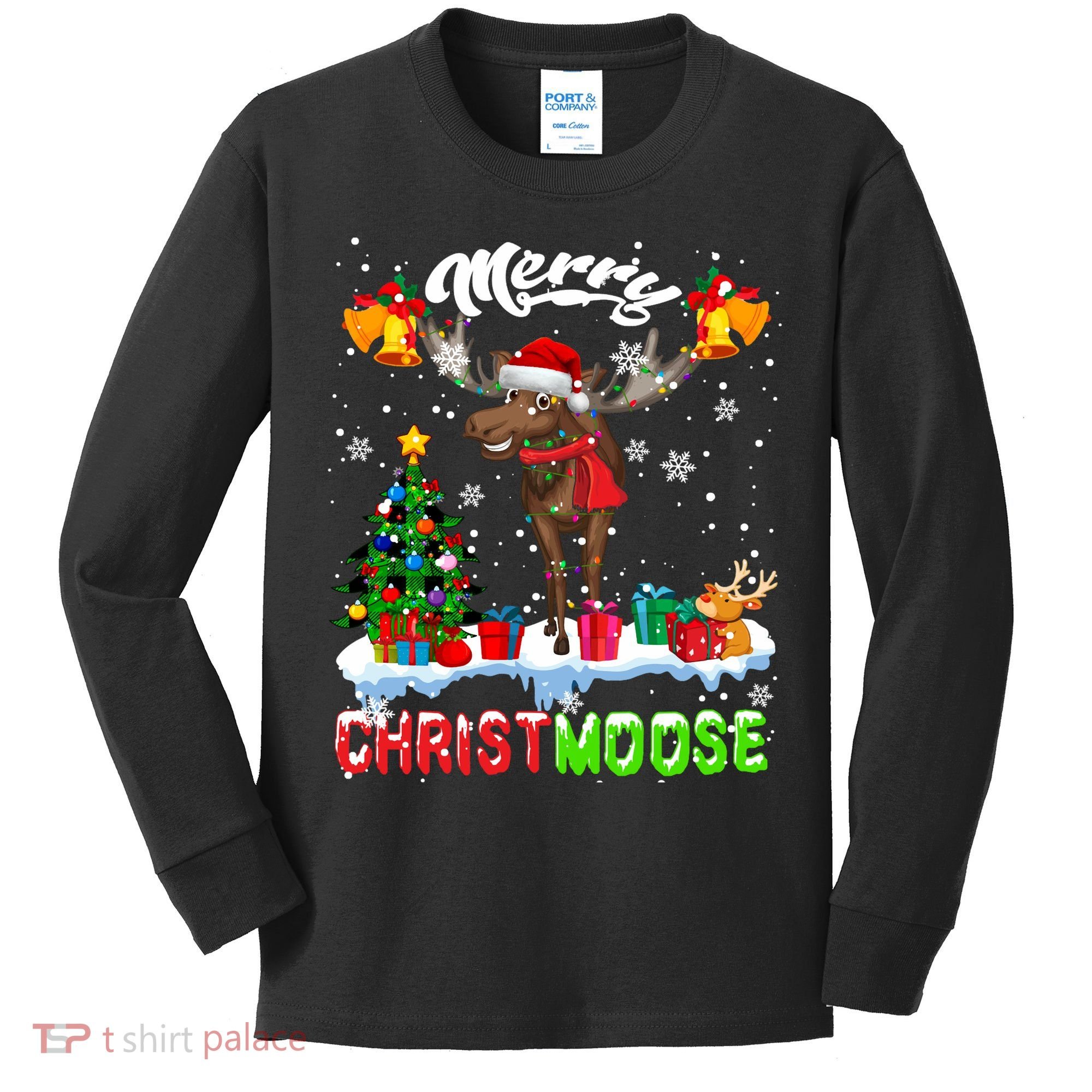 Merry Christmoose Merry Christmas Xmas Lights Santa Moose Long Sleeve Kids Long Sleeve Shirt