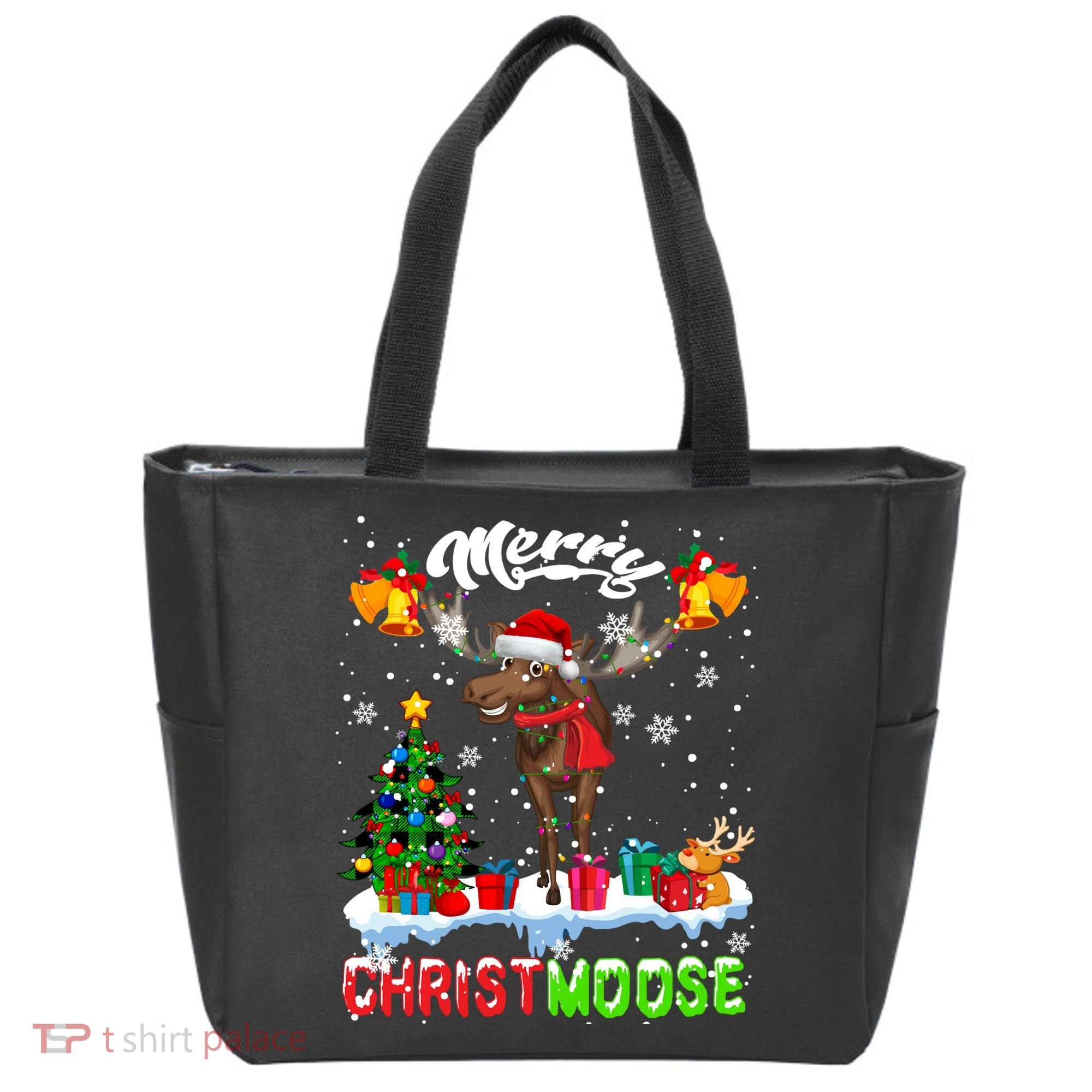 Merry Christmoose Merry Christmas Xmas Lights Santa Moose Long Sleeve Tote Bag
